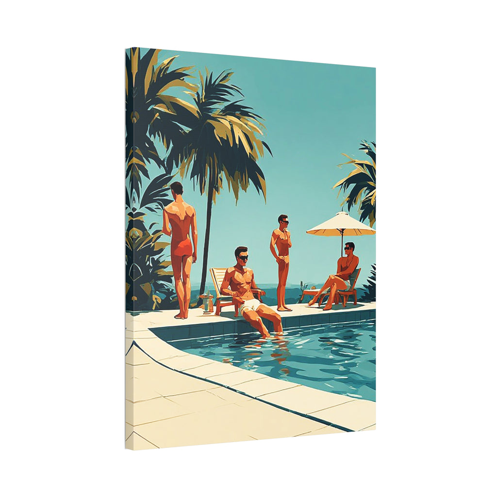 Vintage Poolside Canvas Wall Art — Retro Palm Trees & Sunbathers
