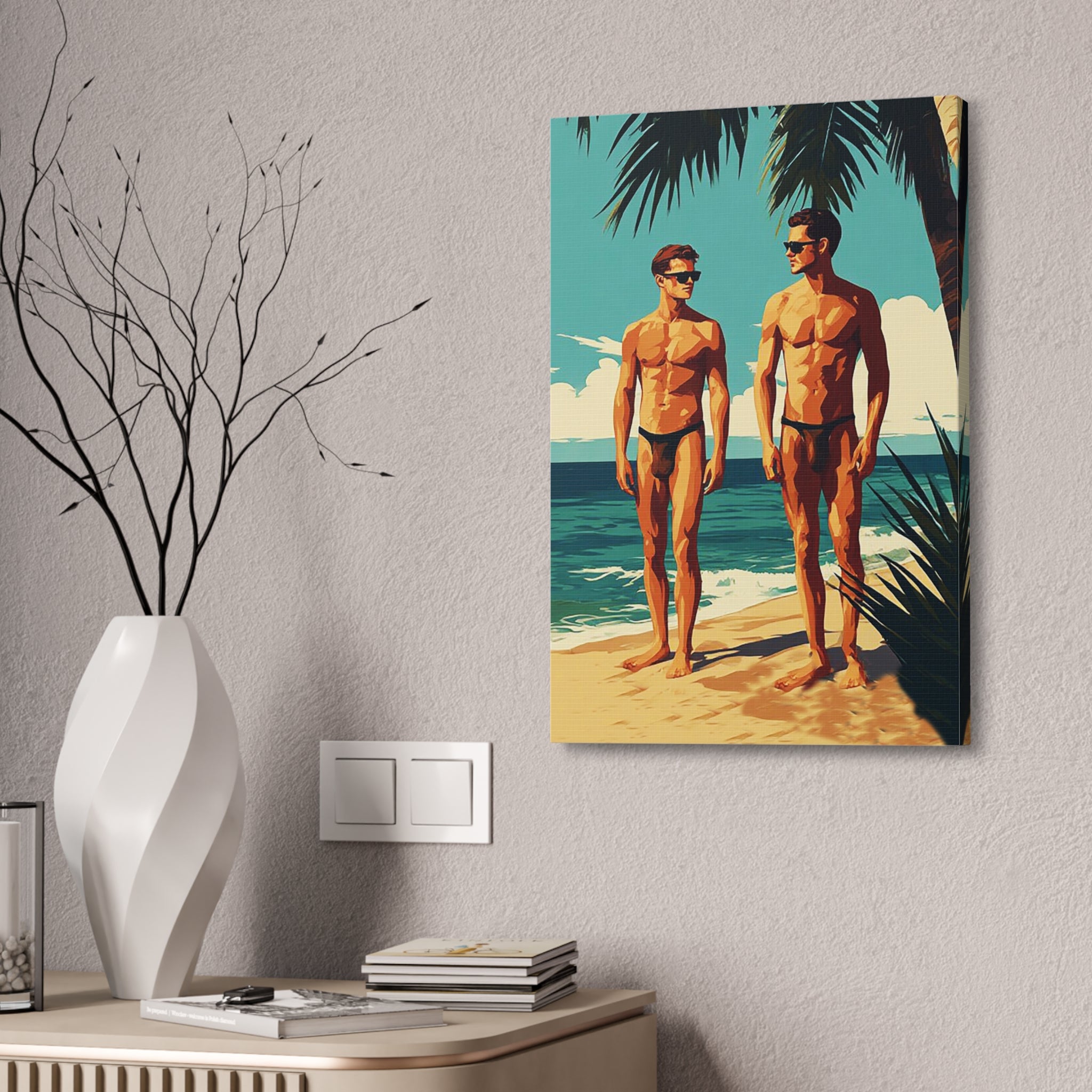 Vintage Beach Print Canvas — Two Men at Sea Stretched Wall Art
