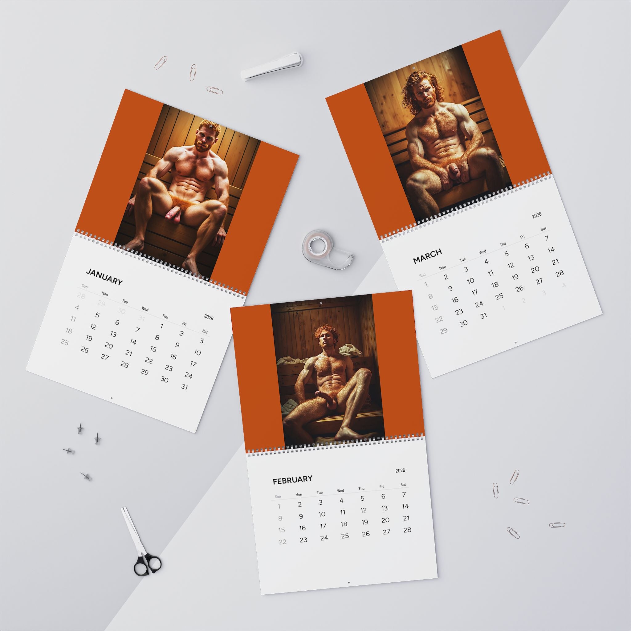 Nude Sauna Muscle Wall Calendar 2026 — Gay Men's Pinup 12-Month Calendar