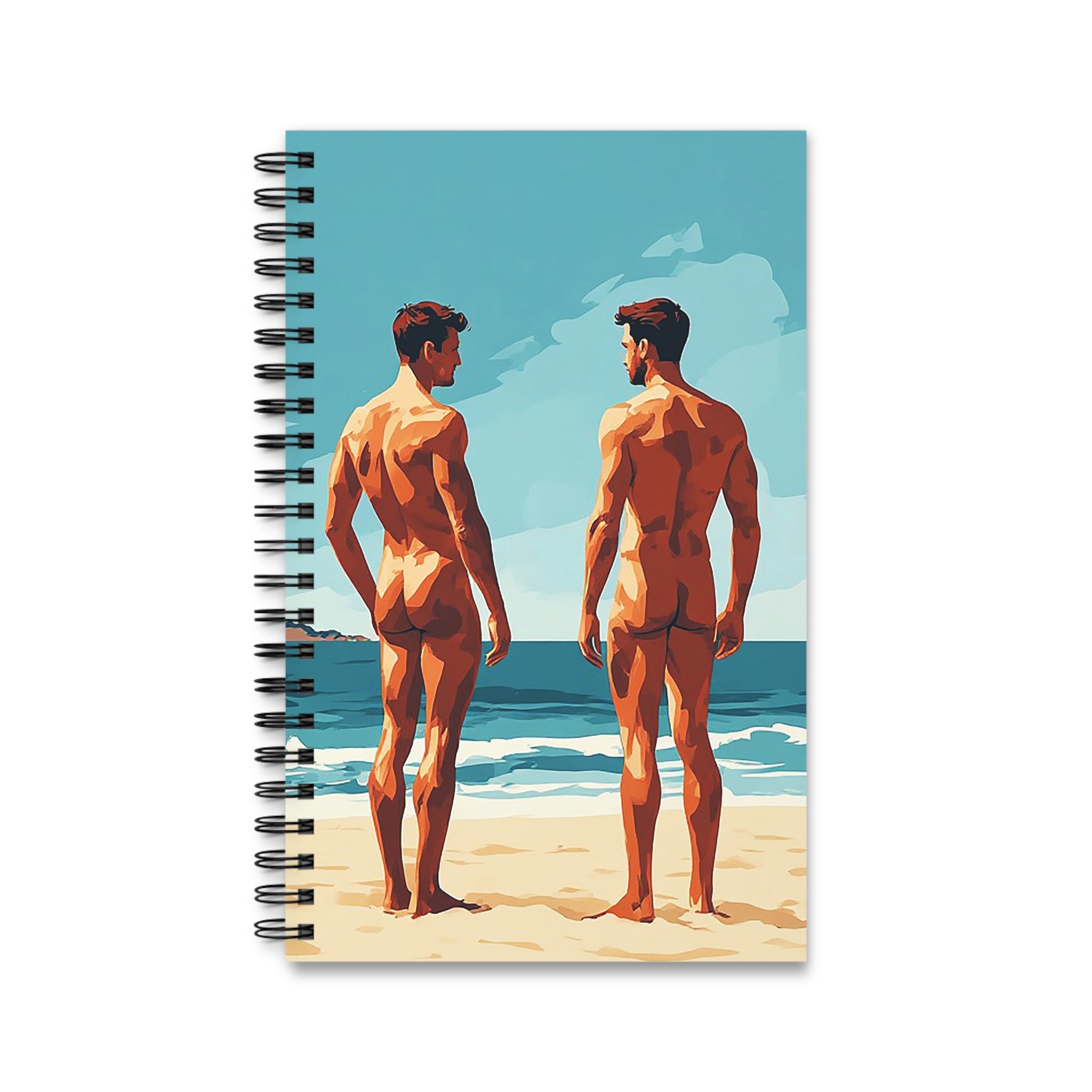 Beach-Backs Spiral Journal — Two Men at Seaside Illustration Notebook