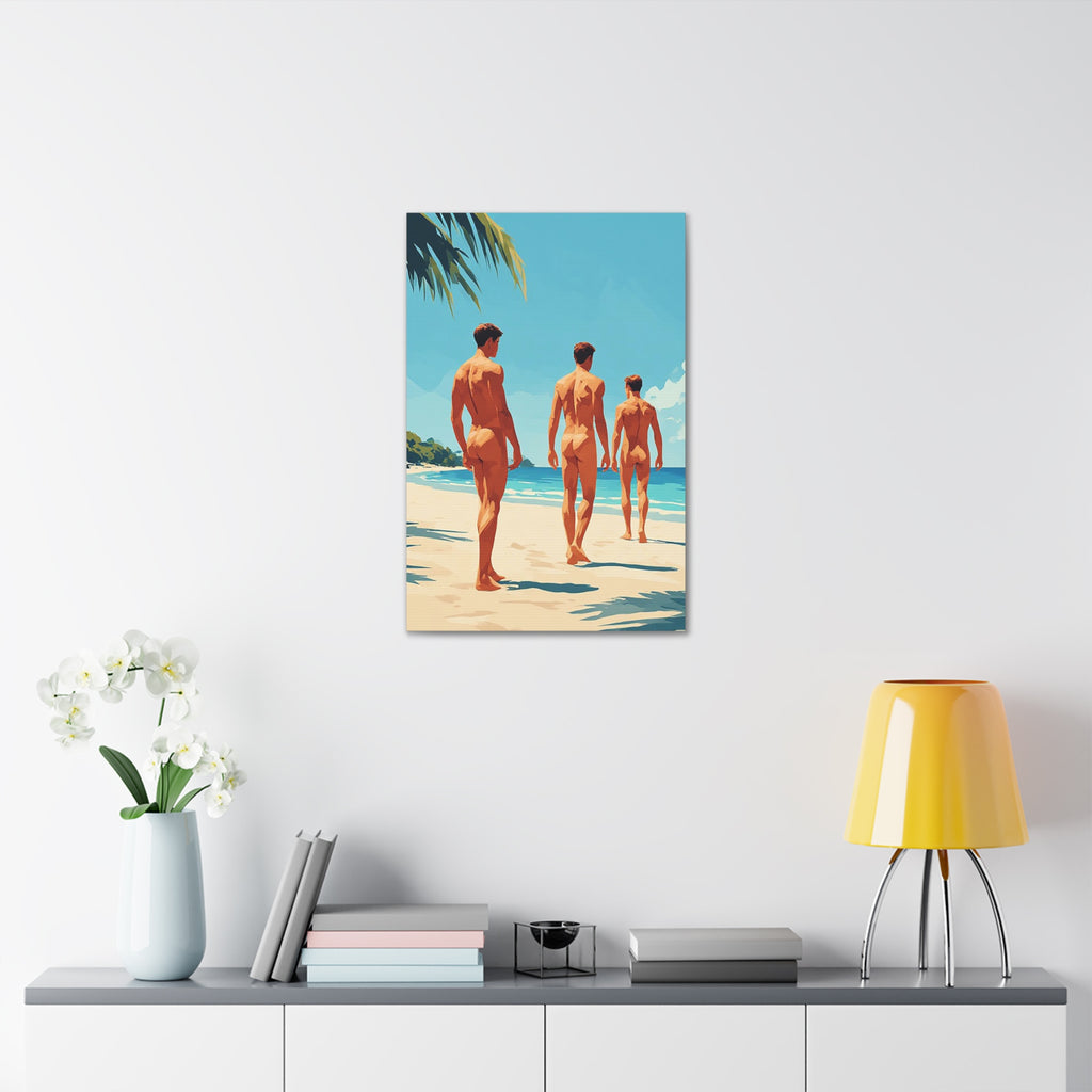 Beach Walk Canvas Print — Retro Sunlit Male Figures Stretched Canvas
