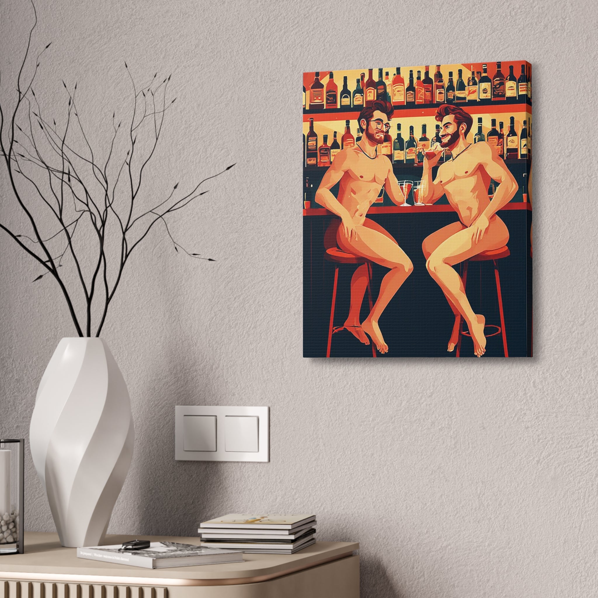 Nude Bar Buddies Canvas Print — Playful Gay Art Stretched Wall Decor