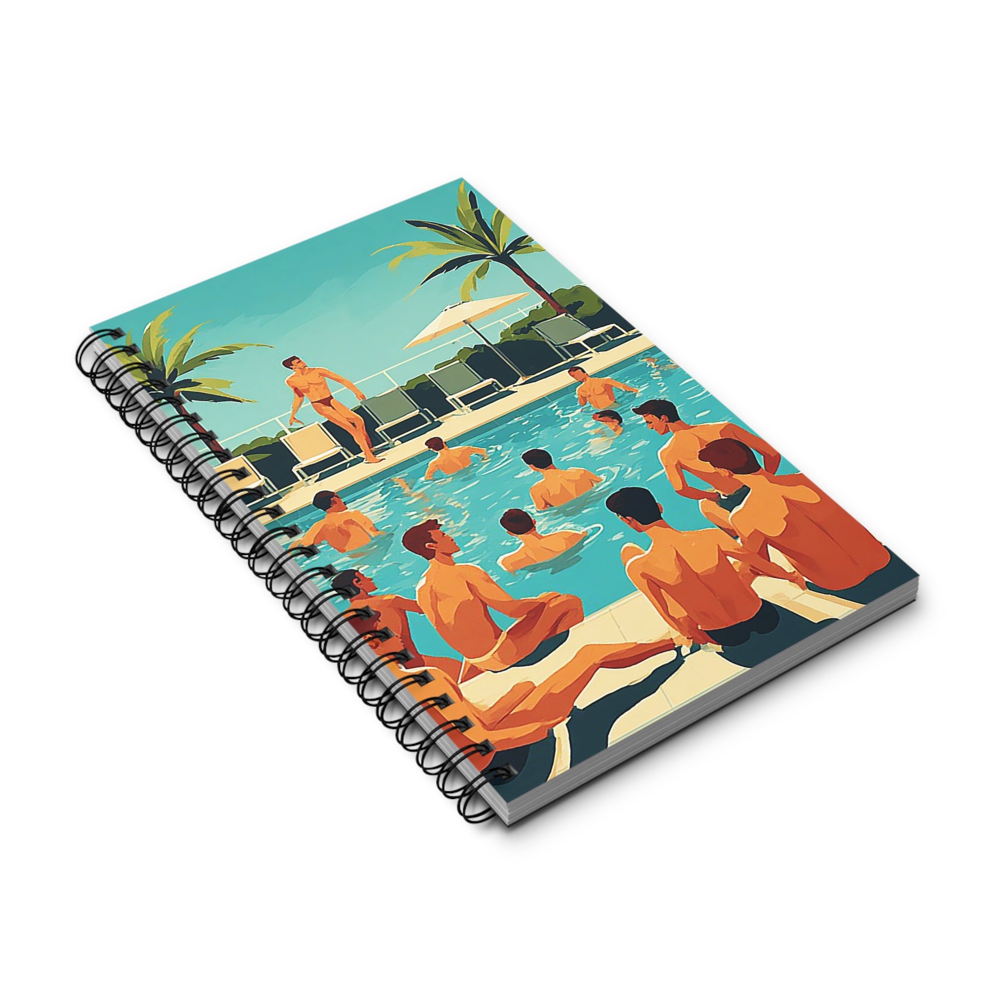 Vintage Poolside Spiral Journal — Retro Men at the Pool Illustration Notebook
