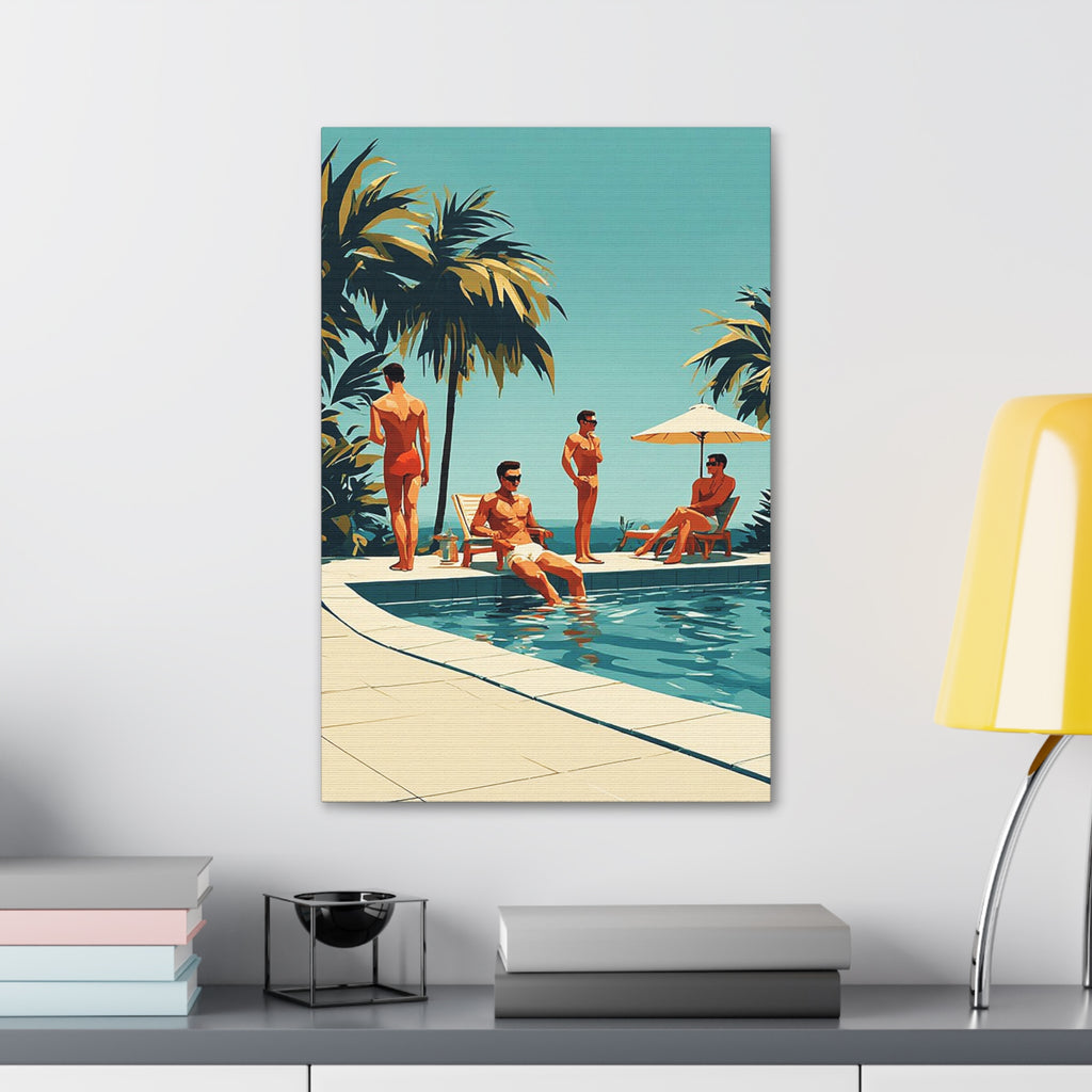 Vintage Poolside Canvas Wall Art — Retro Palm Trees & Sunbathers
