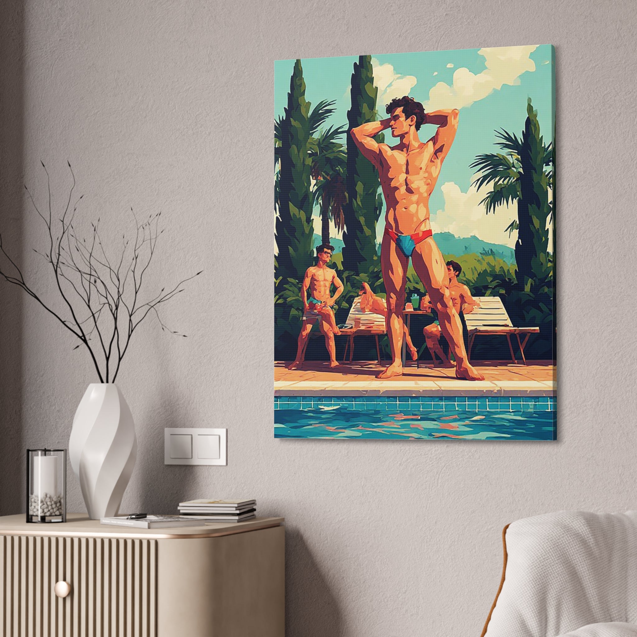Poolside Men Canvas Print — Retro Tropical Swimsuit Wall Art