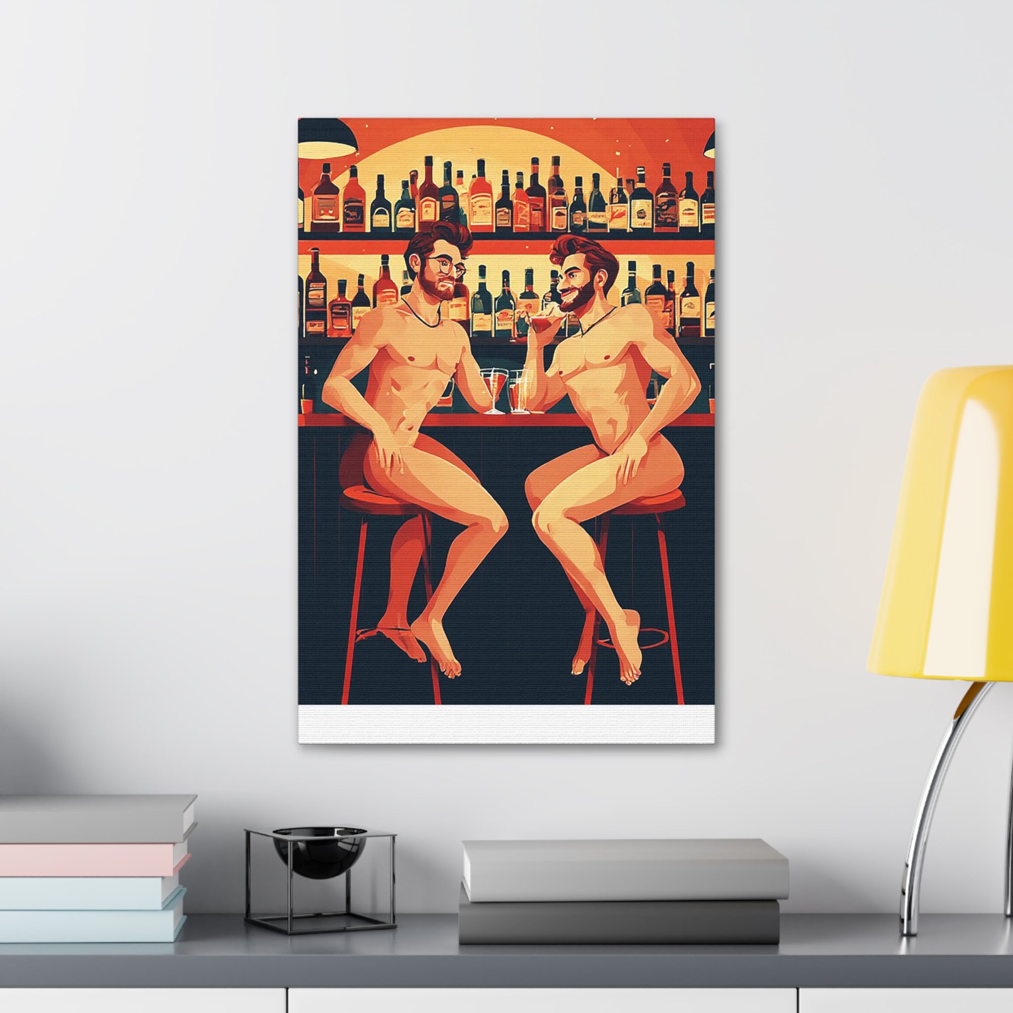 Nude Bar Buddies Canvas Print — Playful Gay Art Stretched Wall Decor
