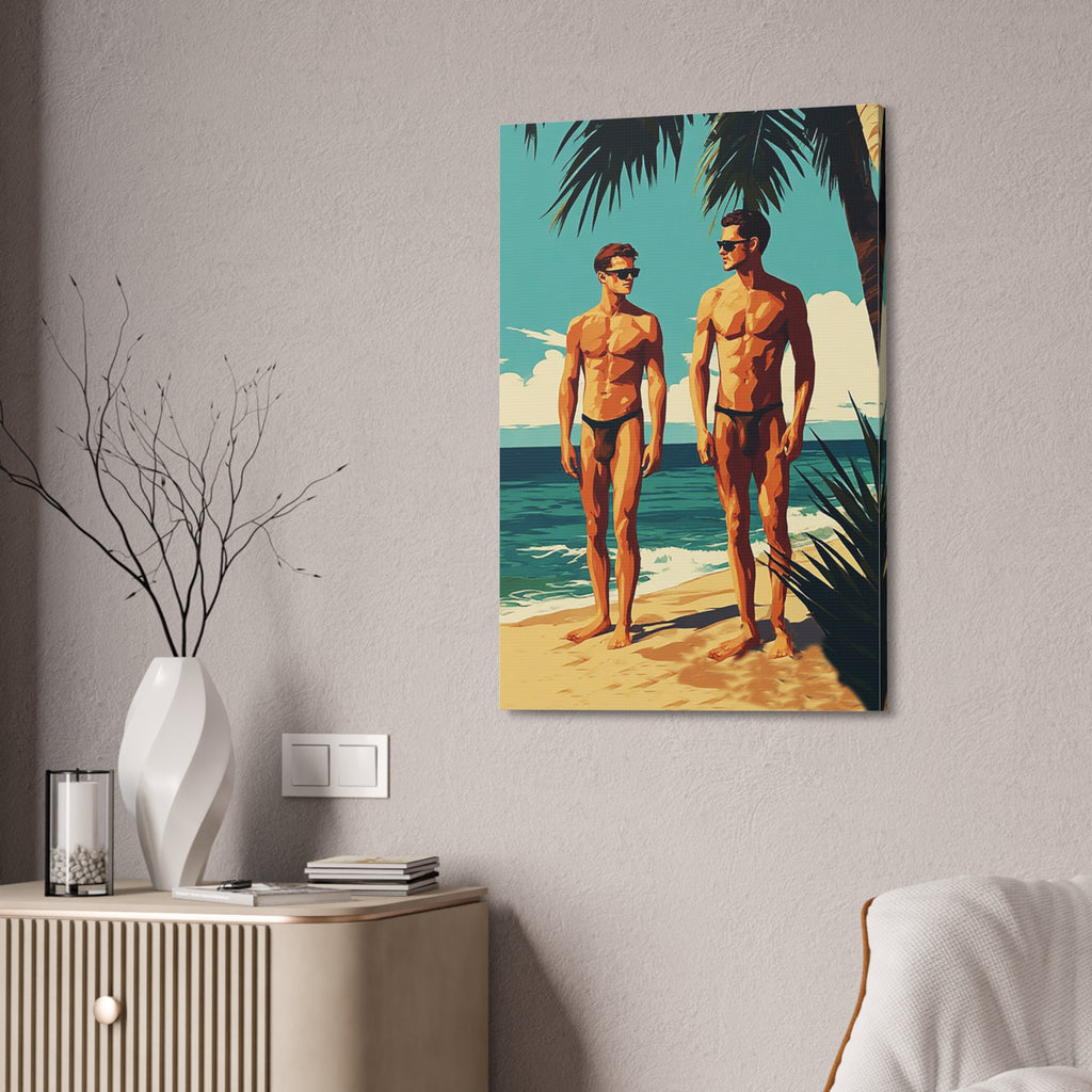 Vintage Beach Print Canvas — Two Men at Sea Stretched Wall Art