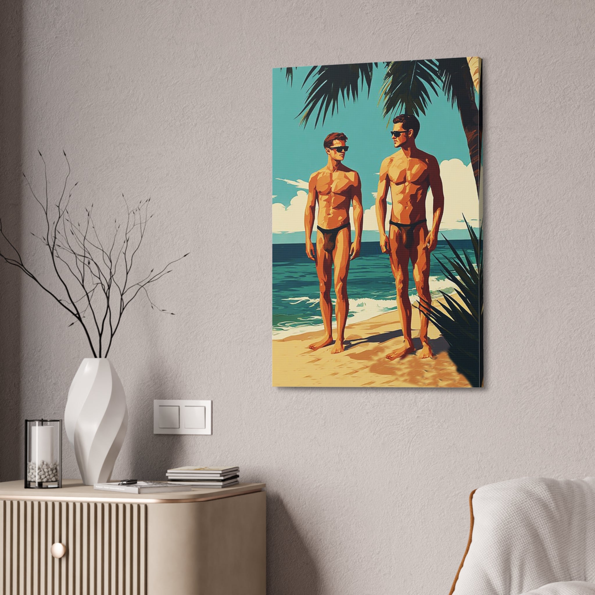 Vintage Beach Print Canvas — Two Men at Sea Stretched Wall Art