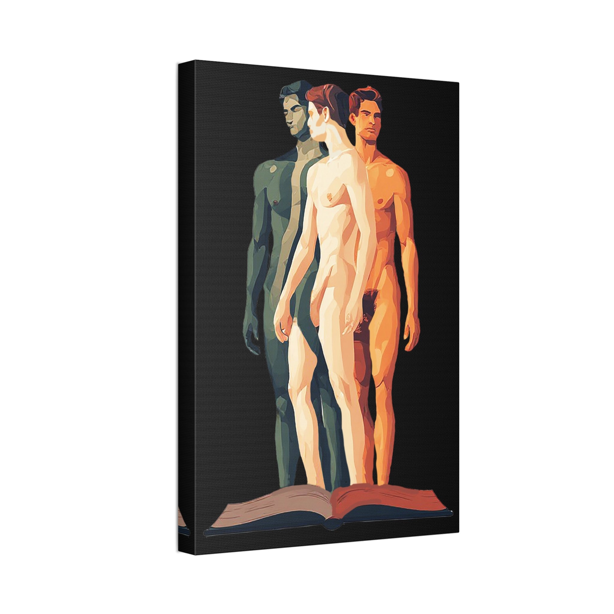 Figurative Triptych Canvas Art – Three Standing Men Over Open Book