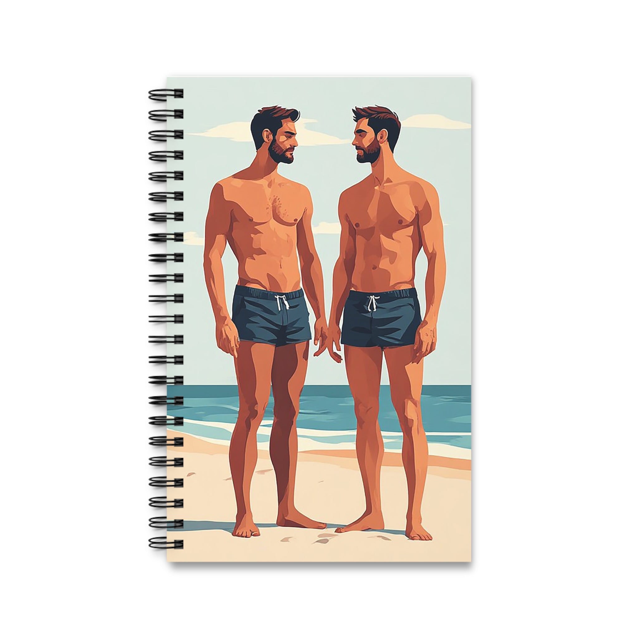 Spiral Journal — Twin Beach Men Illustration | Retro Summer Notebook for Gay Pride & Travel Notes