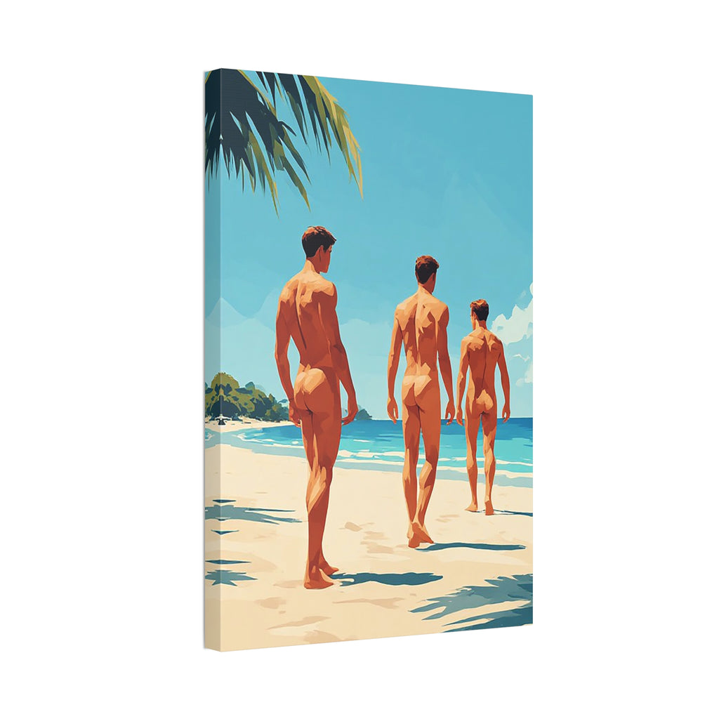 Beach Walk Canvas Print — Retro Sunlit Male Figures Stretched Canvas