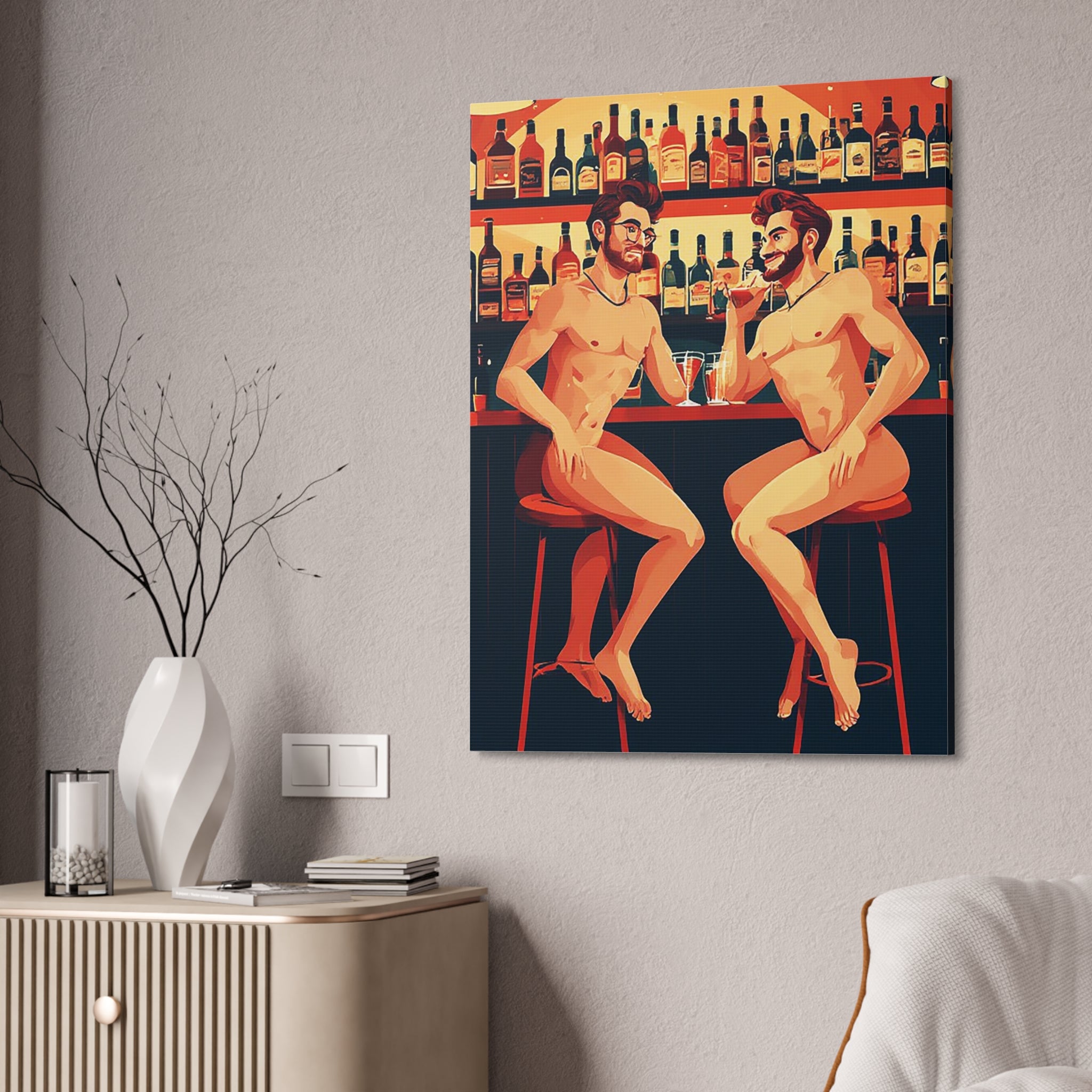Nude Bar Buddies Canvas Print — Playful Gay Art Stretched Wall Decor