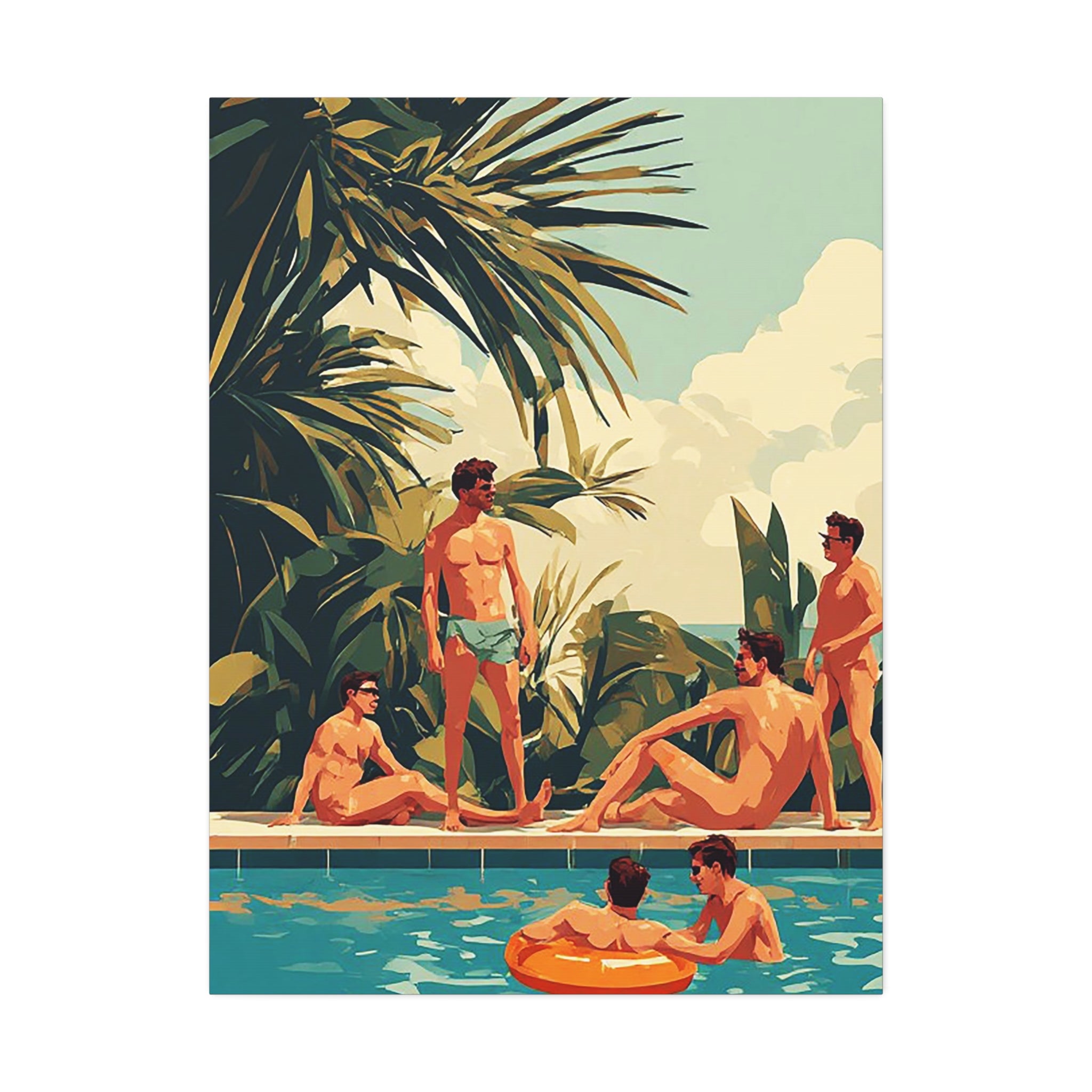 Retro Poolside Canvas Wall Art — Vintage Summer Men by the Pool Stretched Canvas
