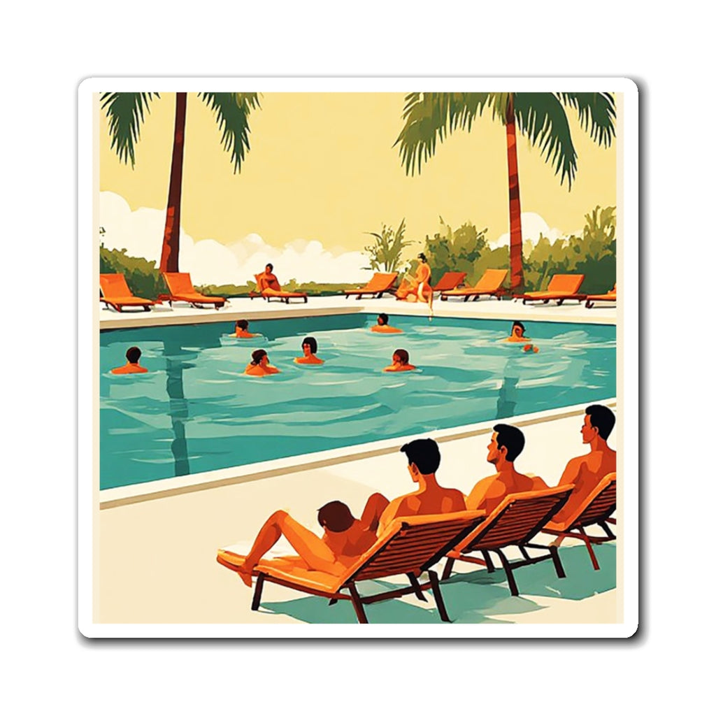 Retro Poolside Scene Magnet — Vintage Tropical Vacation Refrigerator Art