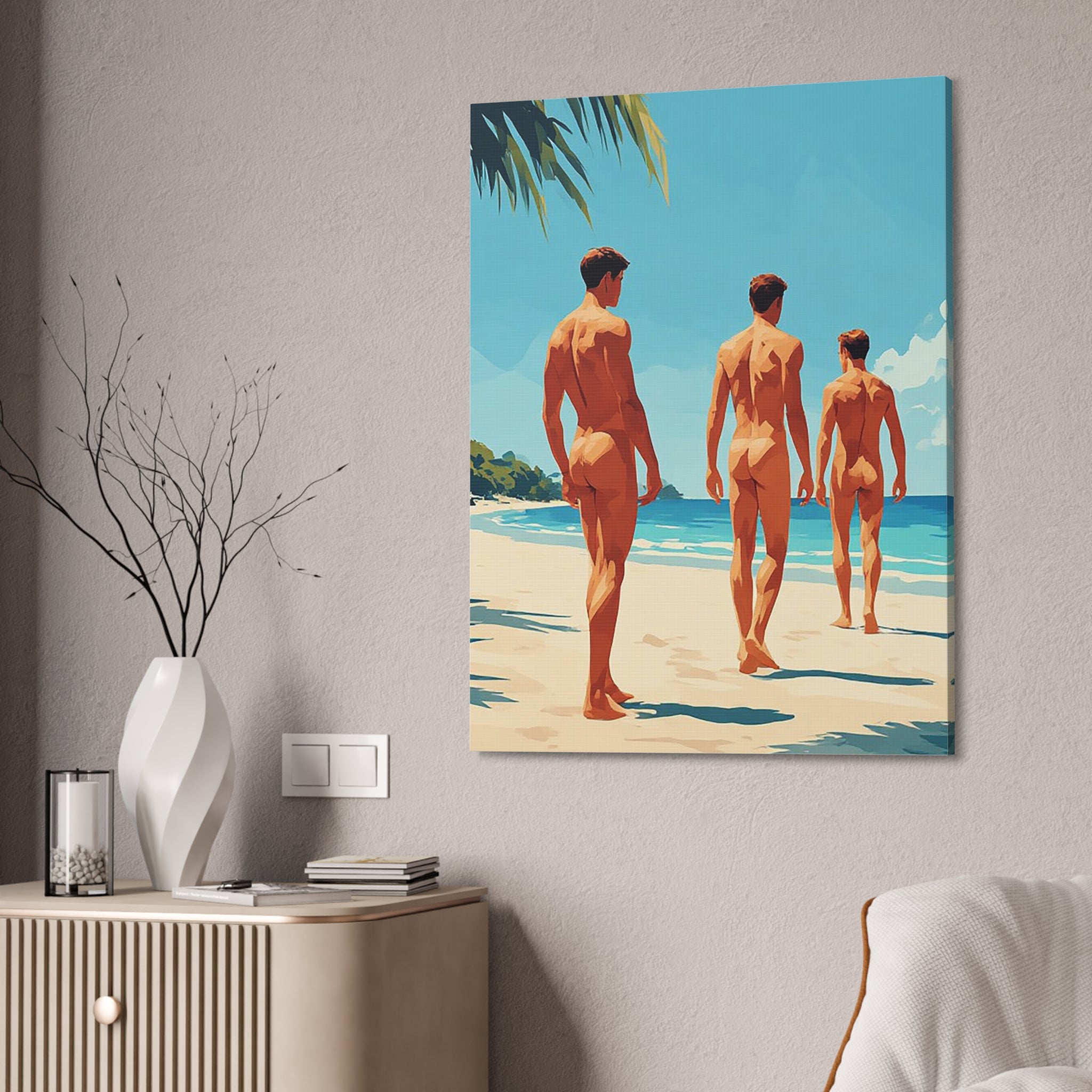 Beach Walk Canvas Print — Retro Sunlit Male Figures Stretched Canvas