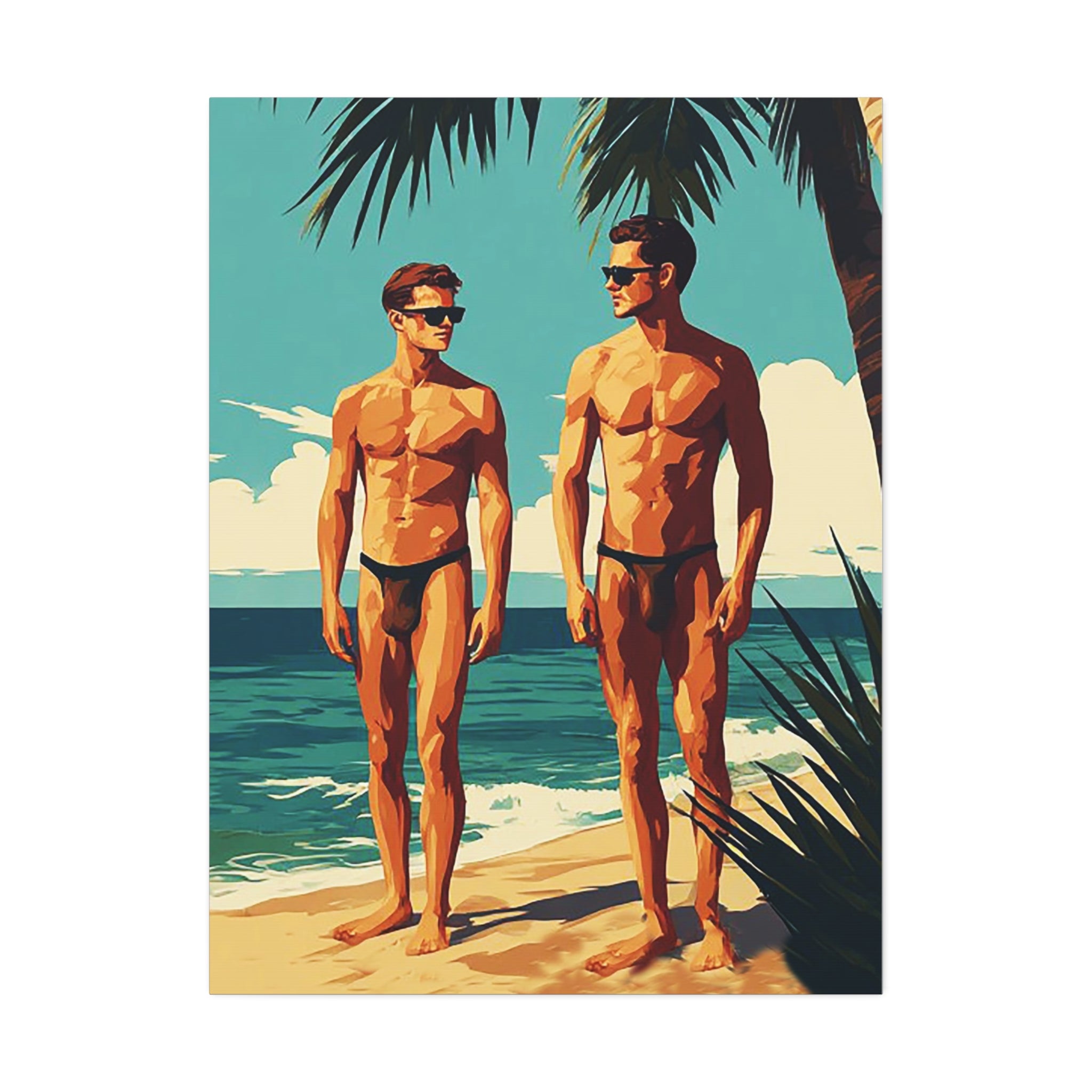 Vintage Beach Print Canvas — Two Men at Sea Stretched Wall Art
