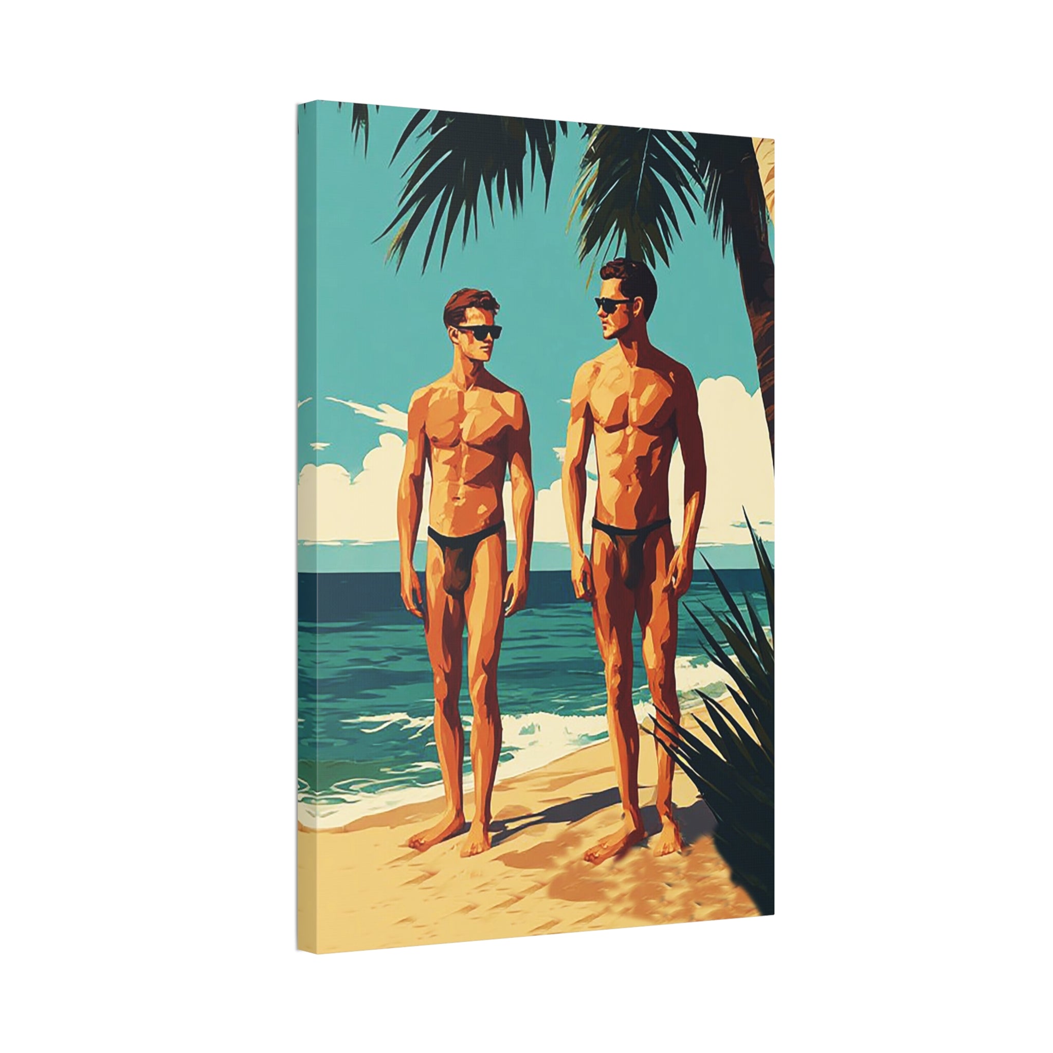 Vintage Beach Print Canvas — Two Men at Sea Stretched Wall Art
