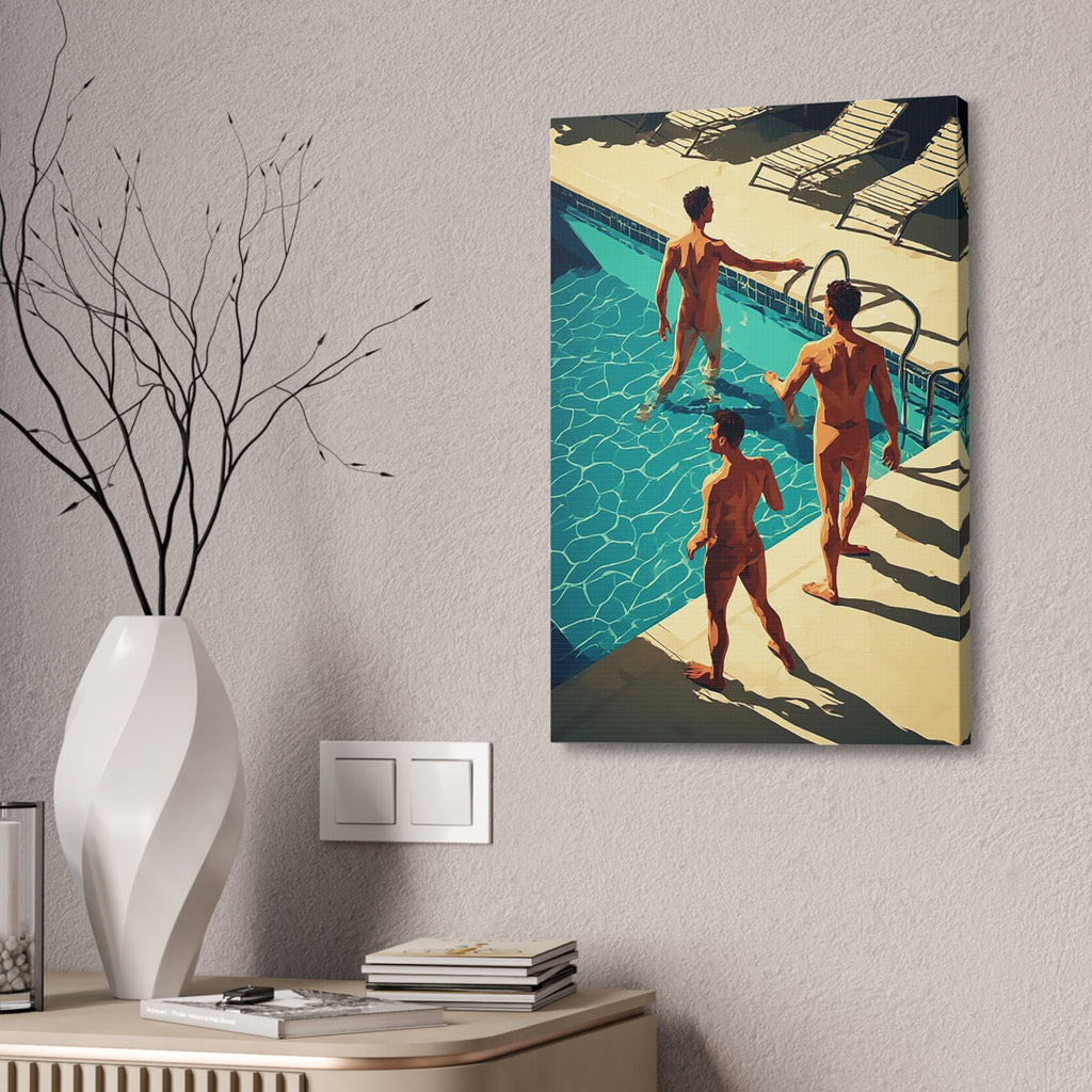 Retro Poolside Canvas Print — Midcentury Men by the Pool Stretched 1.5"