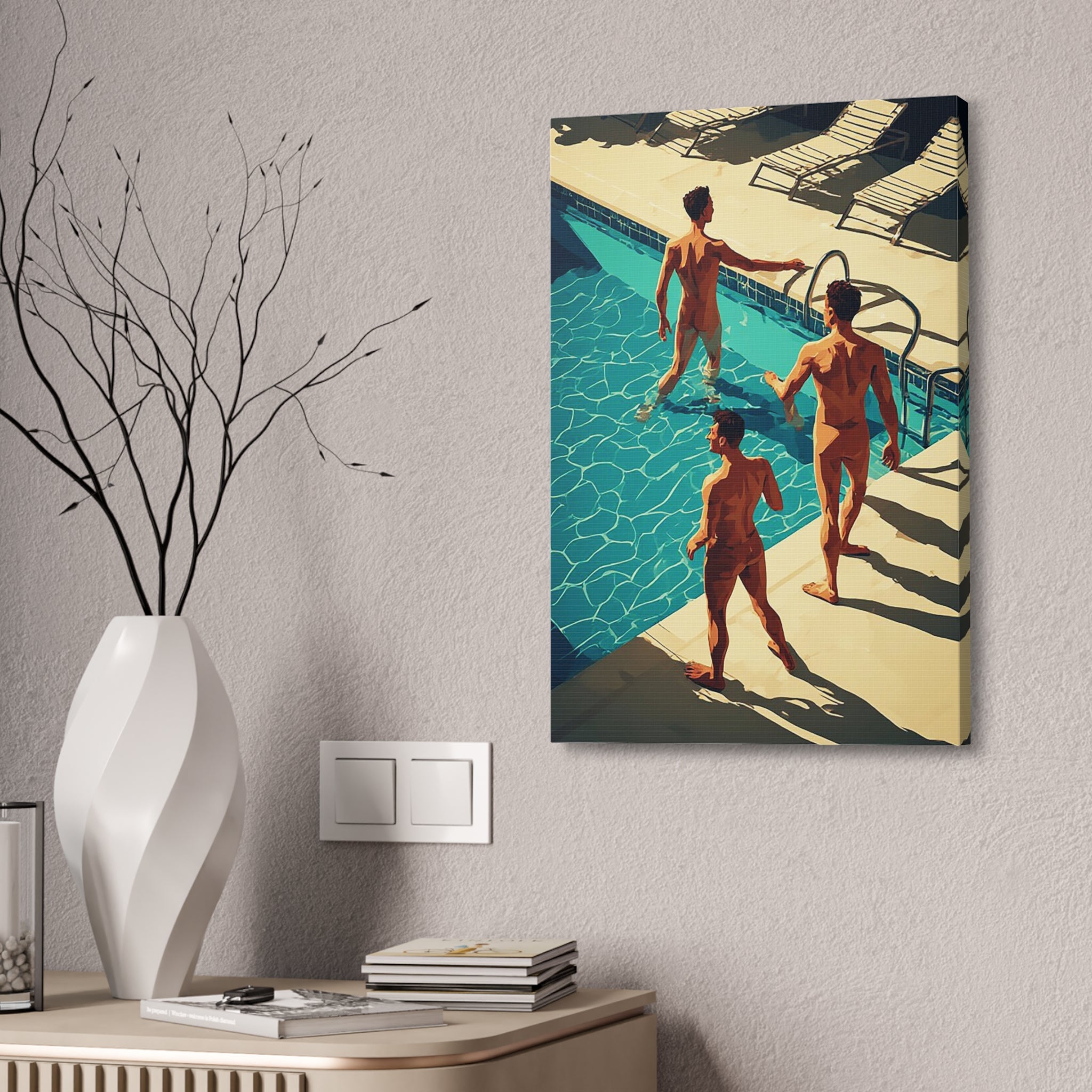 Retro Poolside Canvas Print — Midcentury Men by the Pool Stretched 1.5"