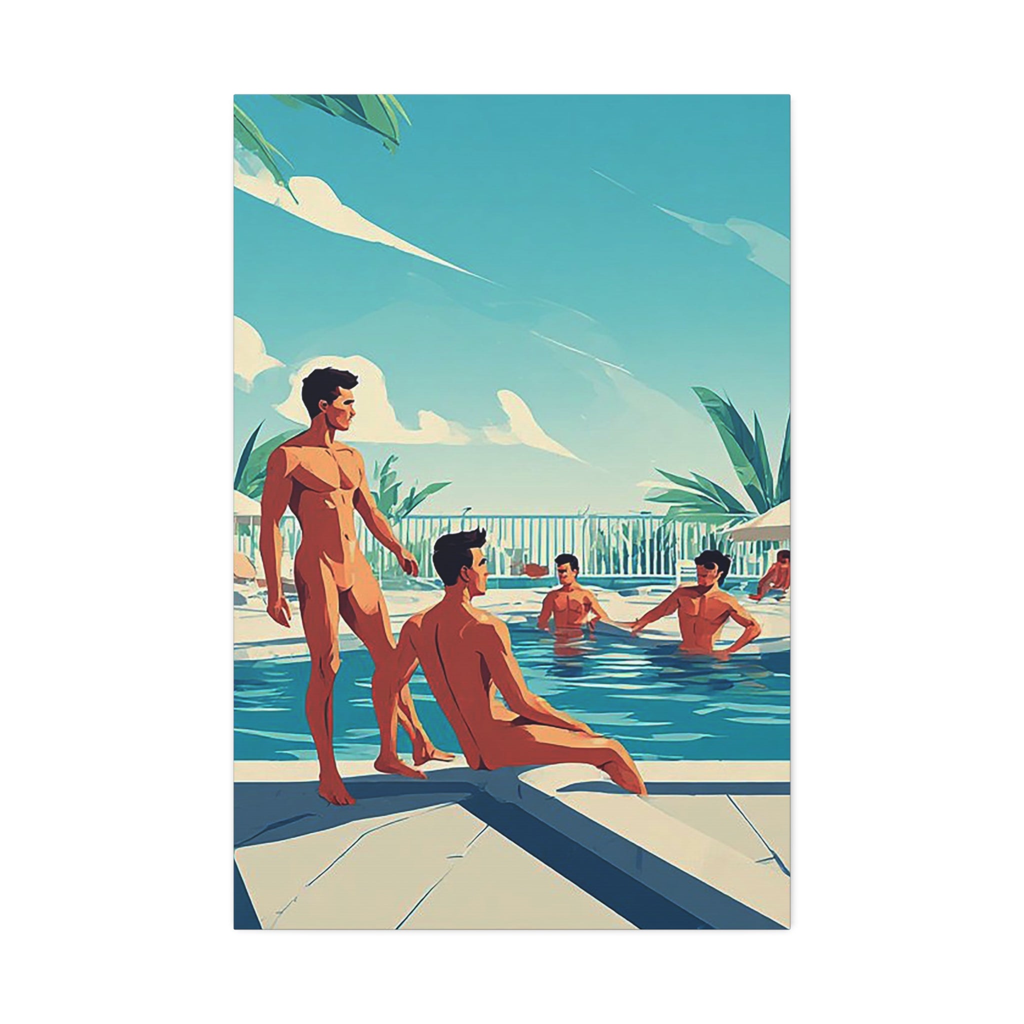 Poolside Vintage Art Canvas Print — Retro Men at Pool Wall Decor