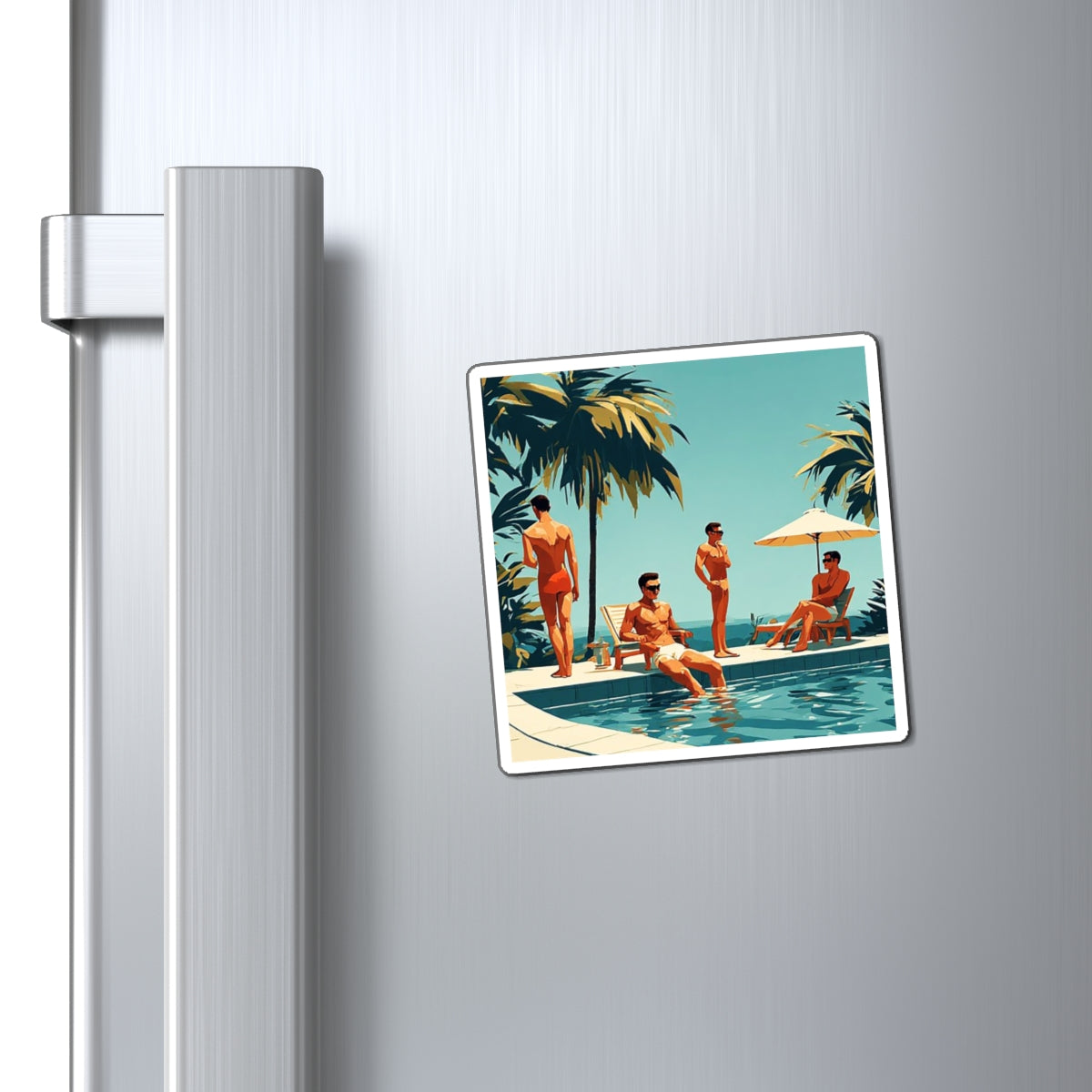Retro Poolside Art Magnet — Vintage Sunlit Swimmers Refrigerator Magnet