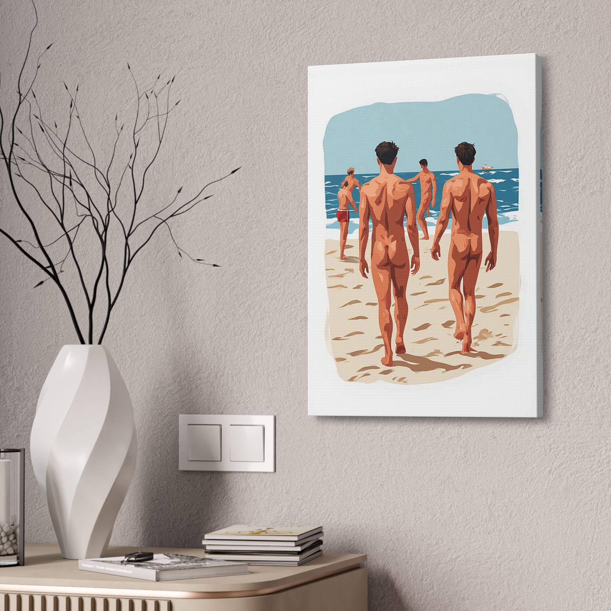 Canvas Wall Art – Beach Scene of Men Walking on Shore (Stretched Canvas)