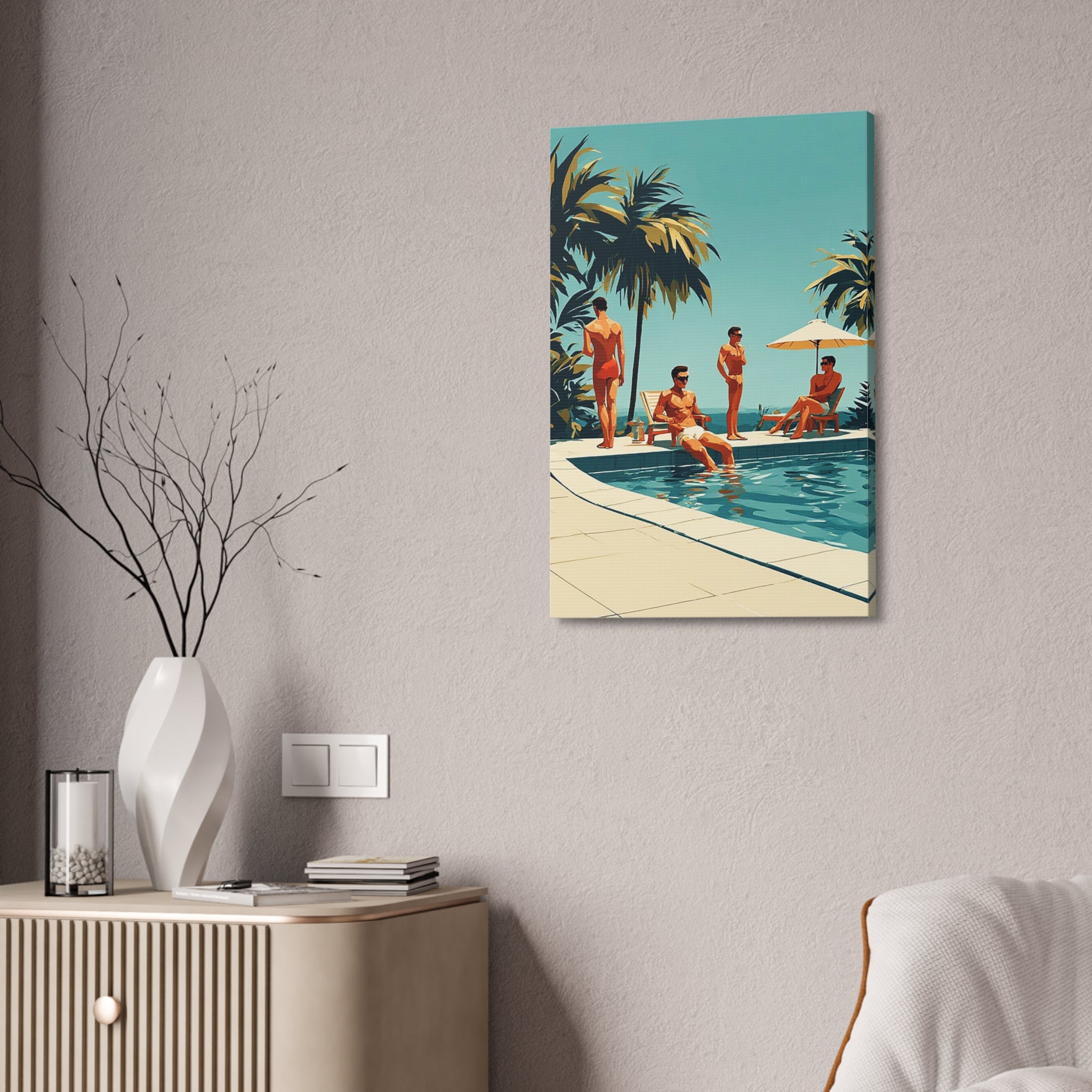 Vintage Poolside Canvas Wall Art — Retro Palm Trees & Sunbathers
