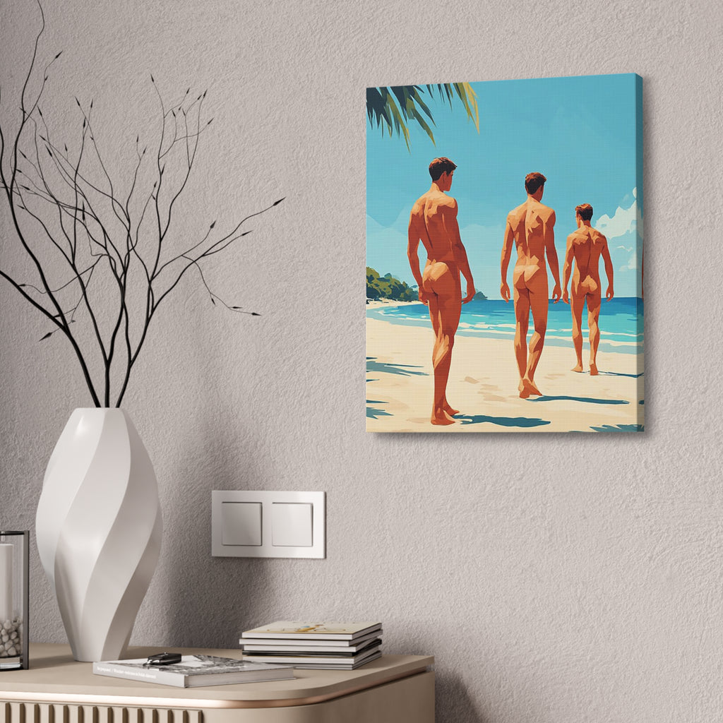 Beach Walk Canvas Print — Retro Sunlit Male Figures Stretched Canvas