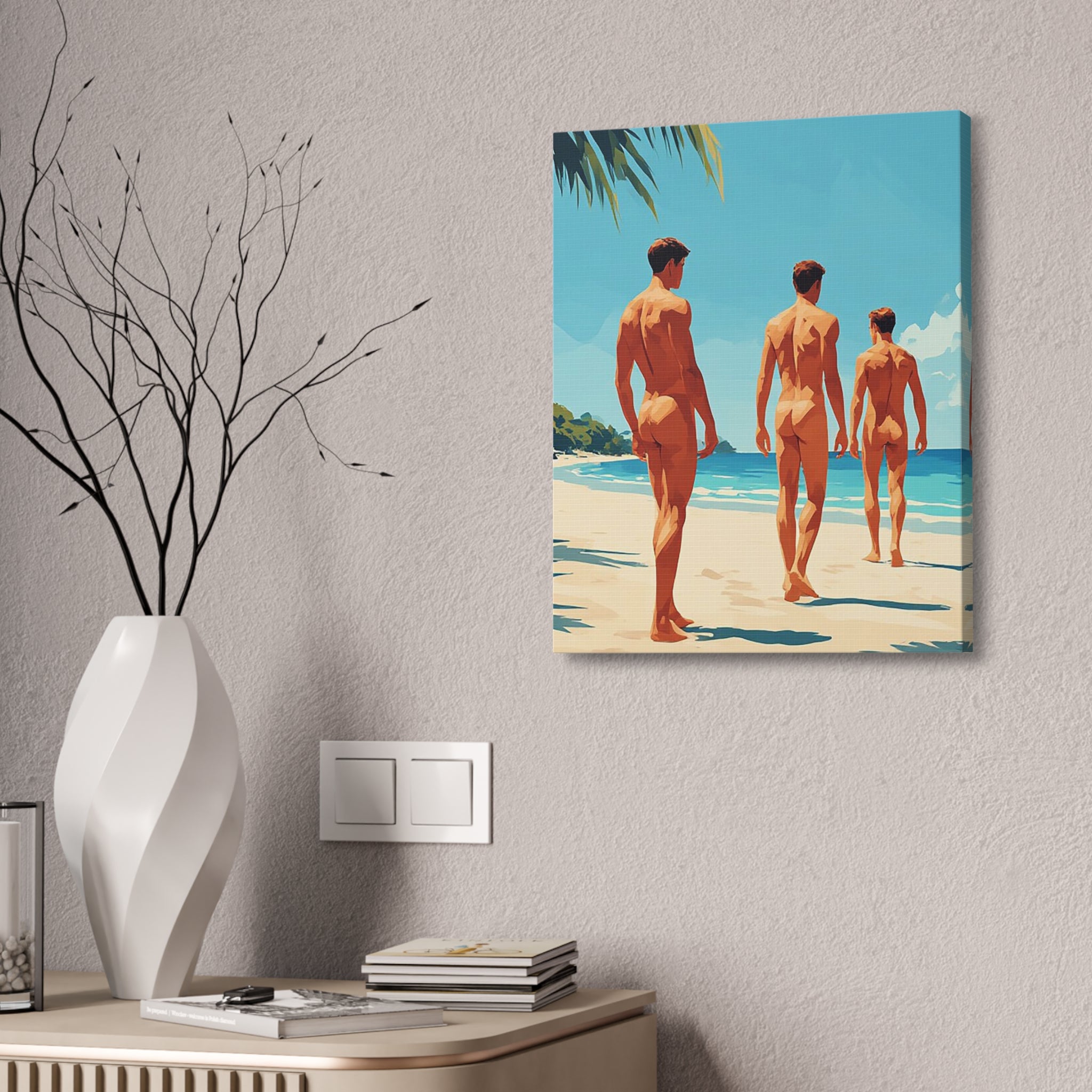 Beach Walk Canvas Print — Retro Sunlit Male Figures Stretched Canvas