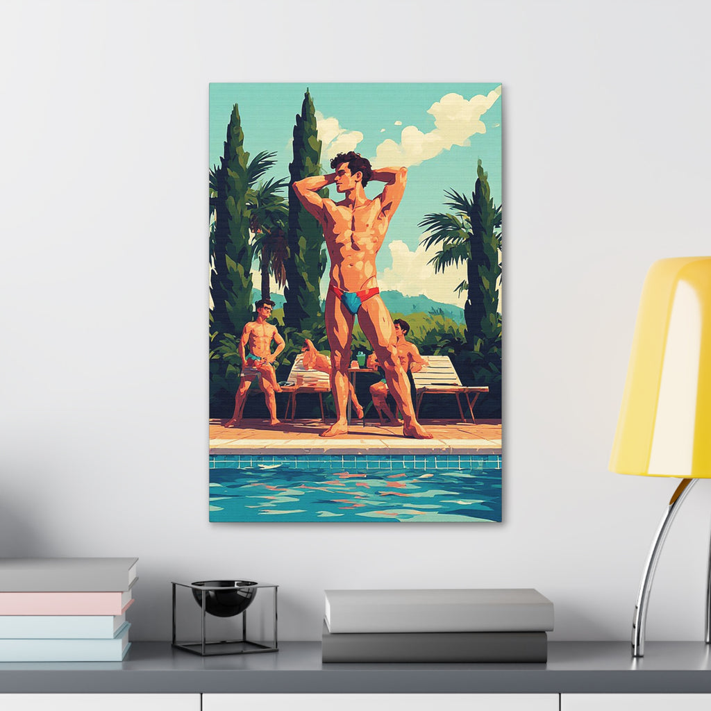 Poolside Men Canvas Print — Retro Tropical Swimsuit Wall Art