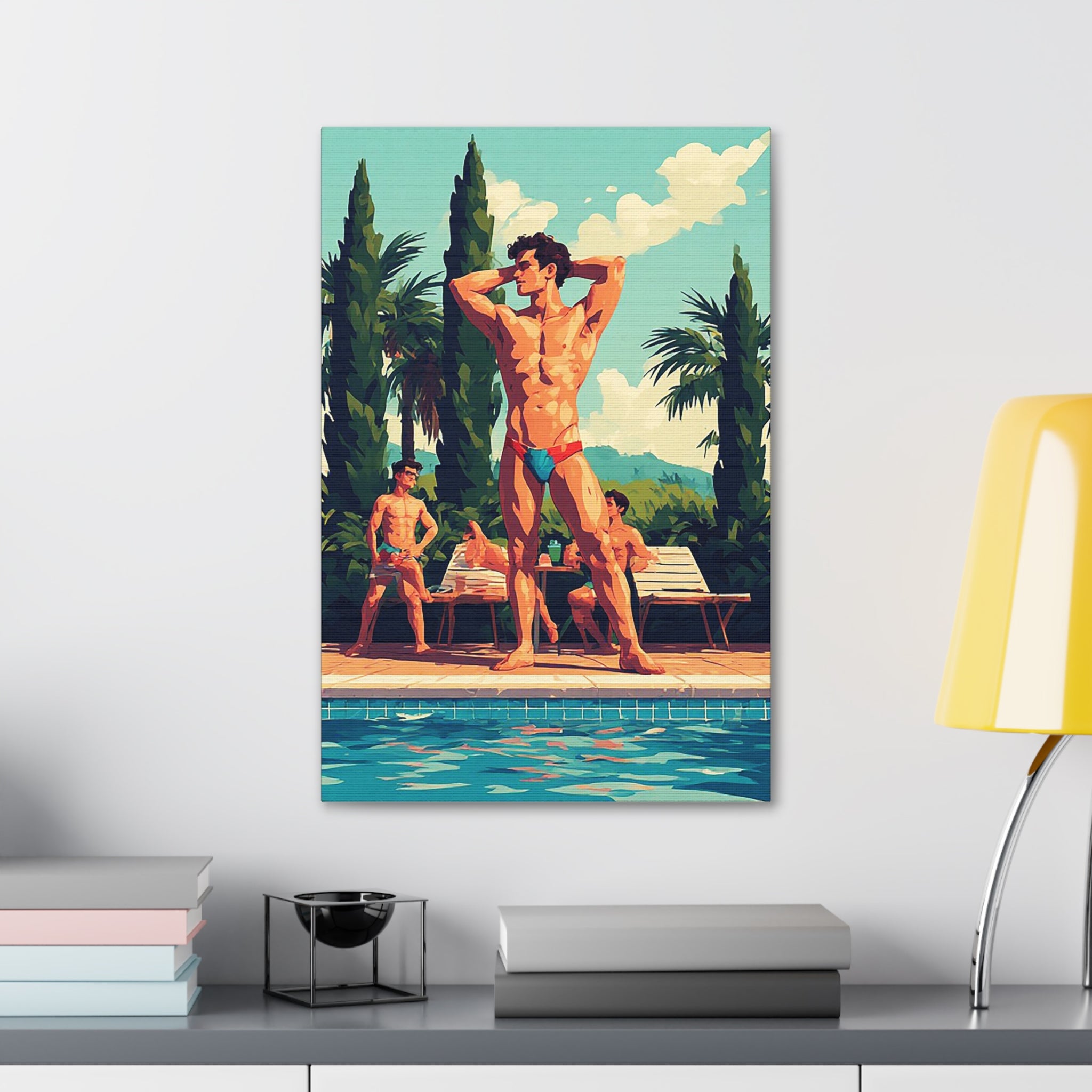 Poolside Men Canvas Print — Retro Tropical Swimsuit Wall Art