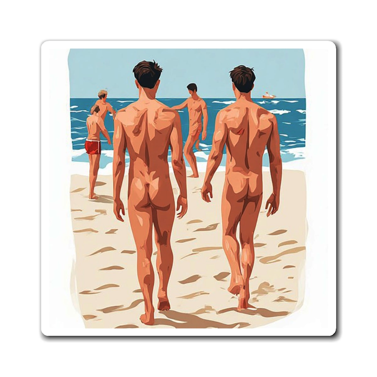 Beach Guys Magnet — Vintage Nude Beach Scene Refrigerator Magnet