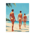 Beach Walk Canvas Print — Retro Sunlit Male Figures Stretched Canvas