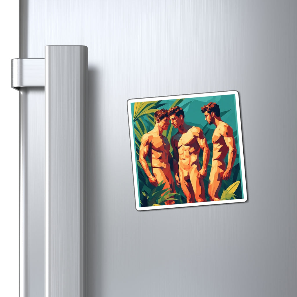 Men’s Art Print Magnet — Trio of Nude Figures Tropical Illustration