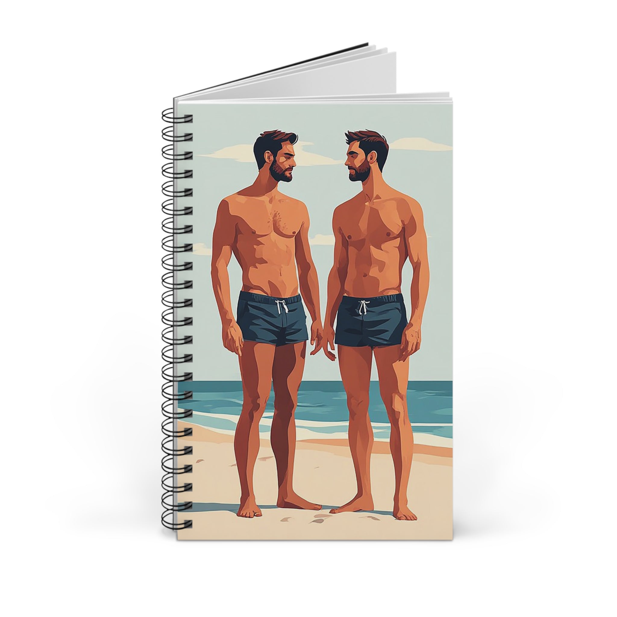 Spiral Journal — Twin Beach Men Illustration | Retro Summer Notebook for Gay Pride & Travel Notes