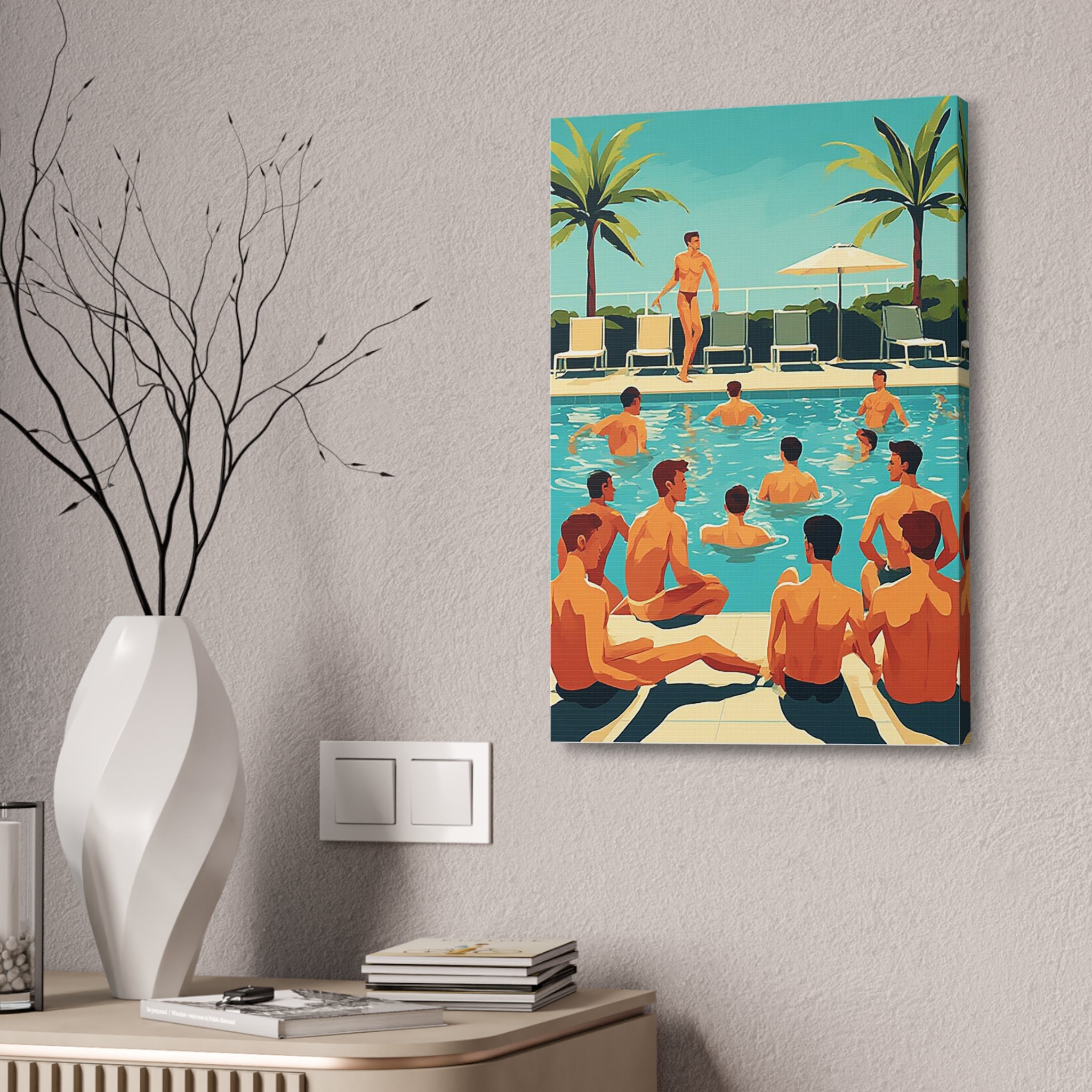 Poolside Men Canvas Print — Retro Swim Club Wall Art (Stretched Canvas 1.5")