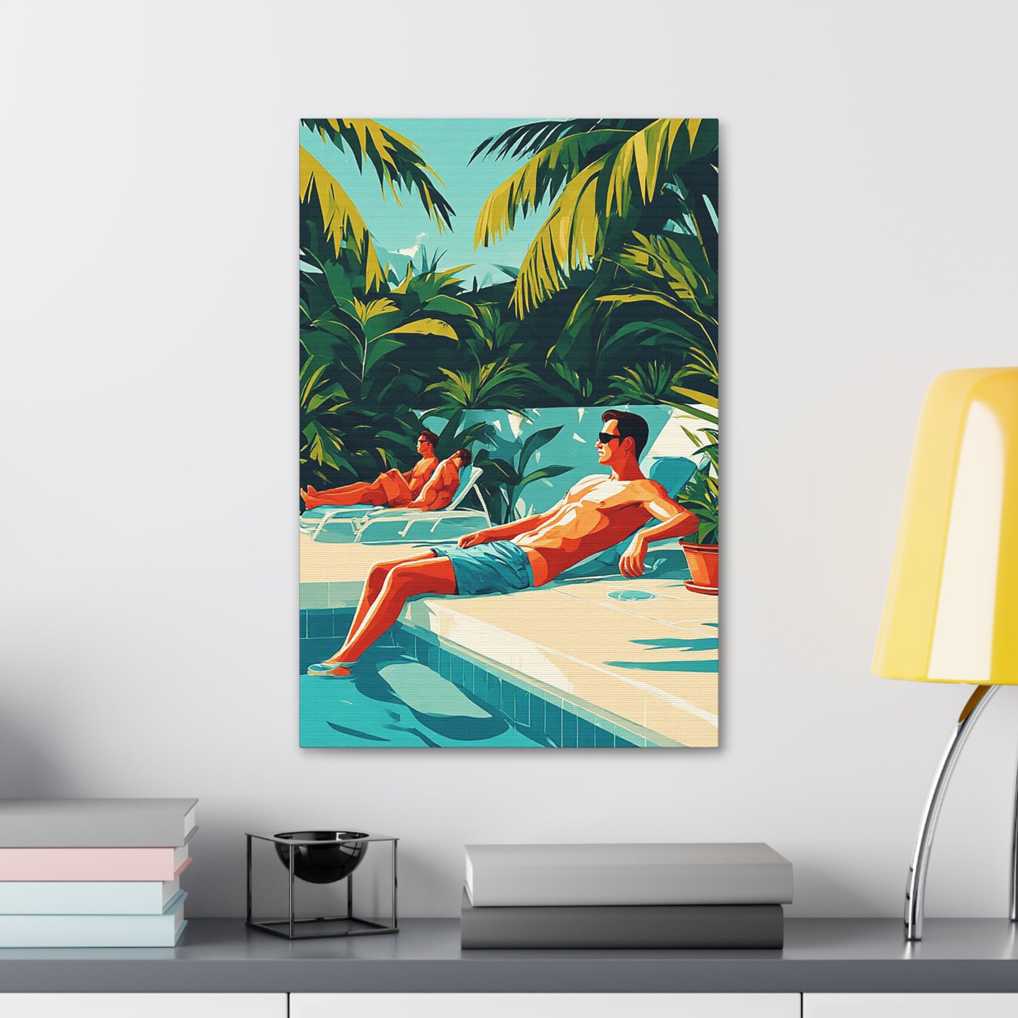 Tropical Poolside Canvas Art – Retro Sunbathers Wall Decor
