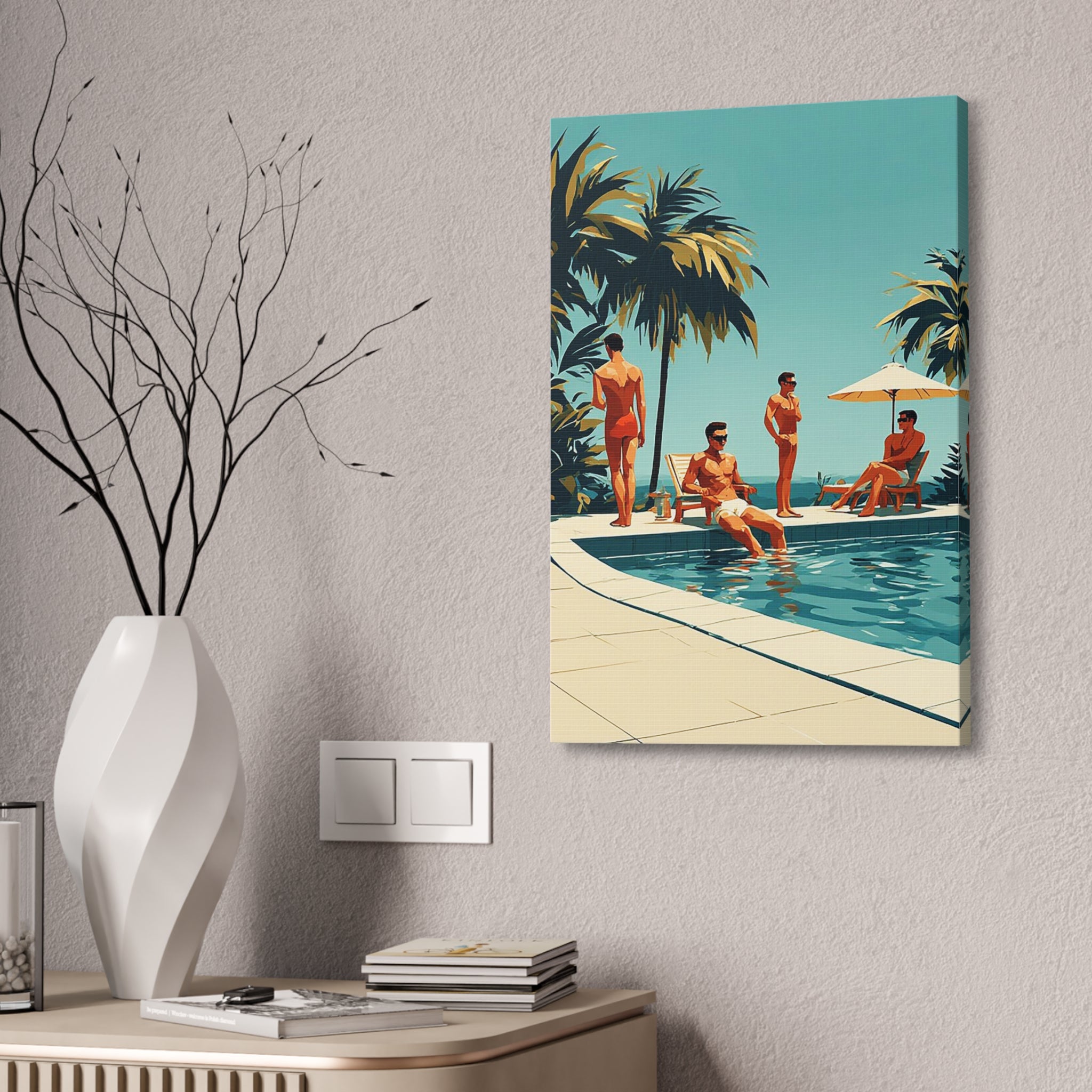 Vintage Poolside Canvas Wall Art — Retro Palm Trees & Sunbathers