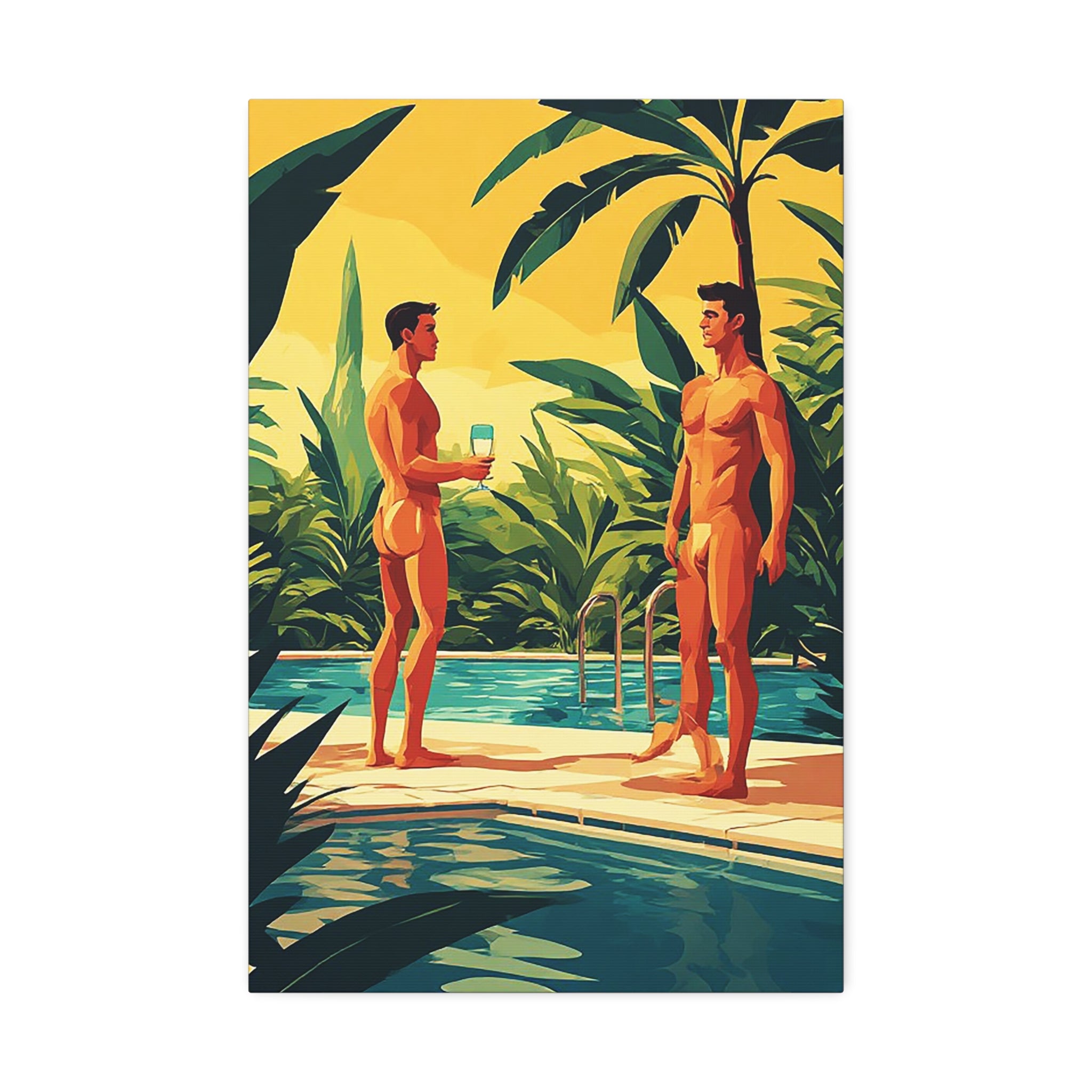 Poolside Fathers & Sons Canvas Print — Retro Summer Art