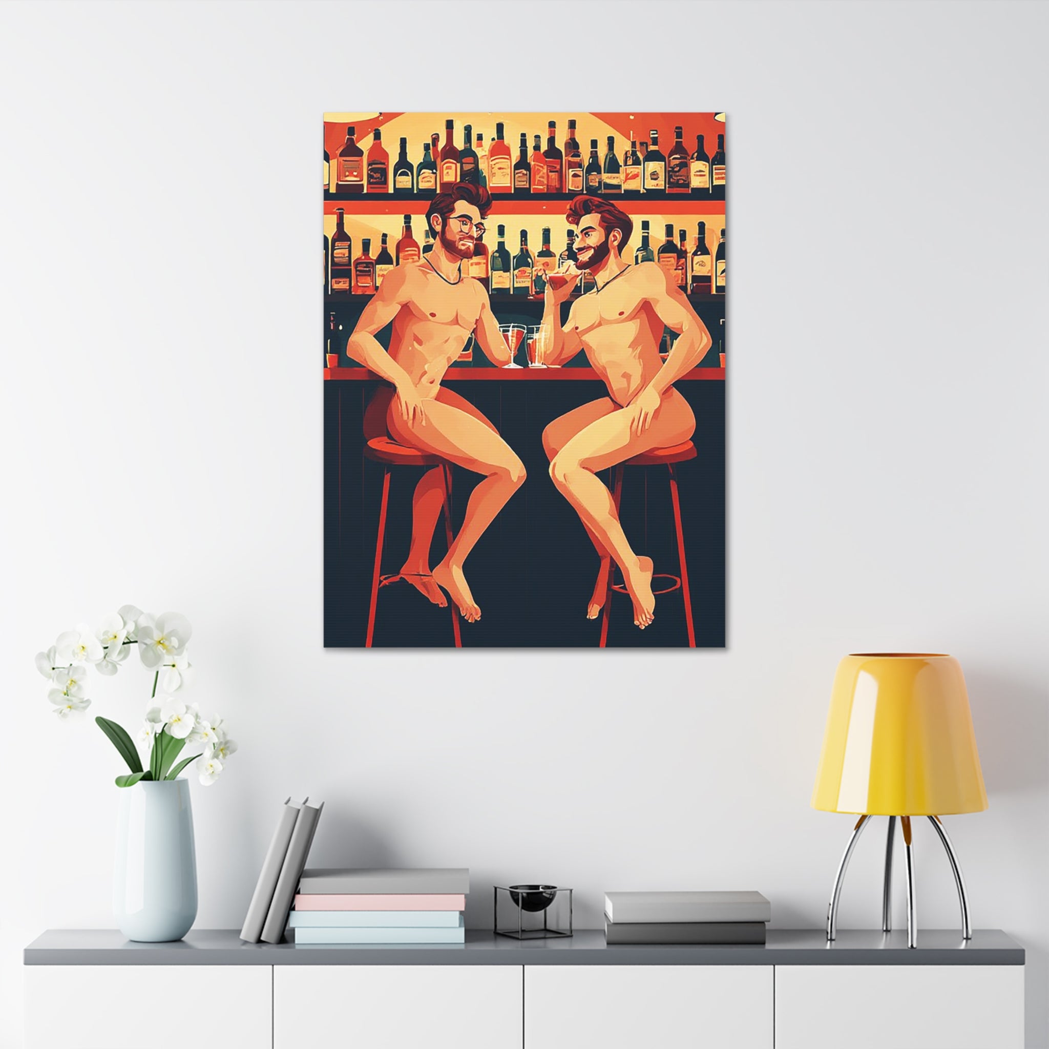Nude Bar Buddies Canvas Print — Playful Gay Art Stretched Wall Decor