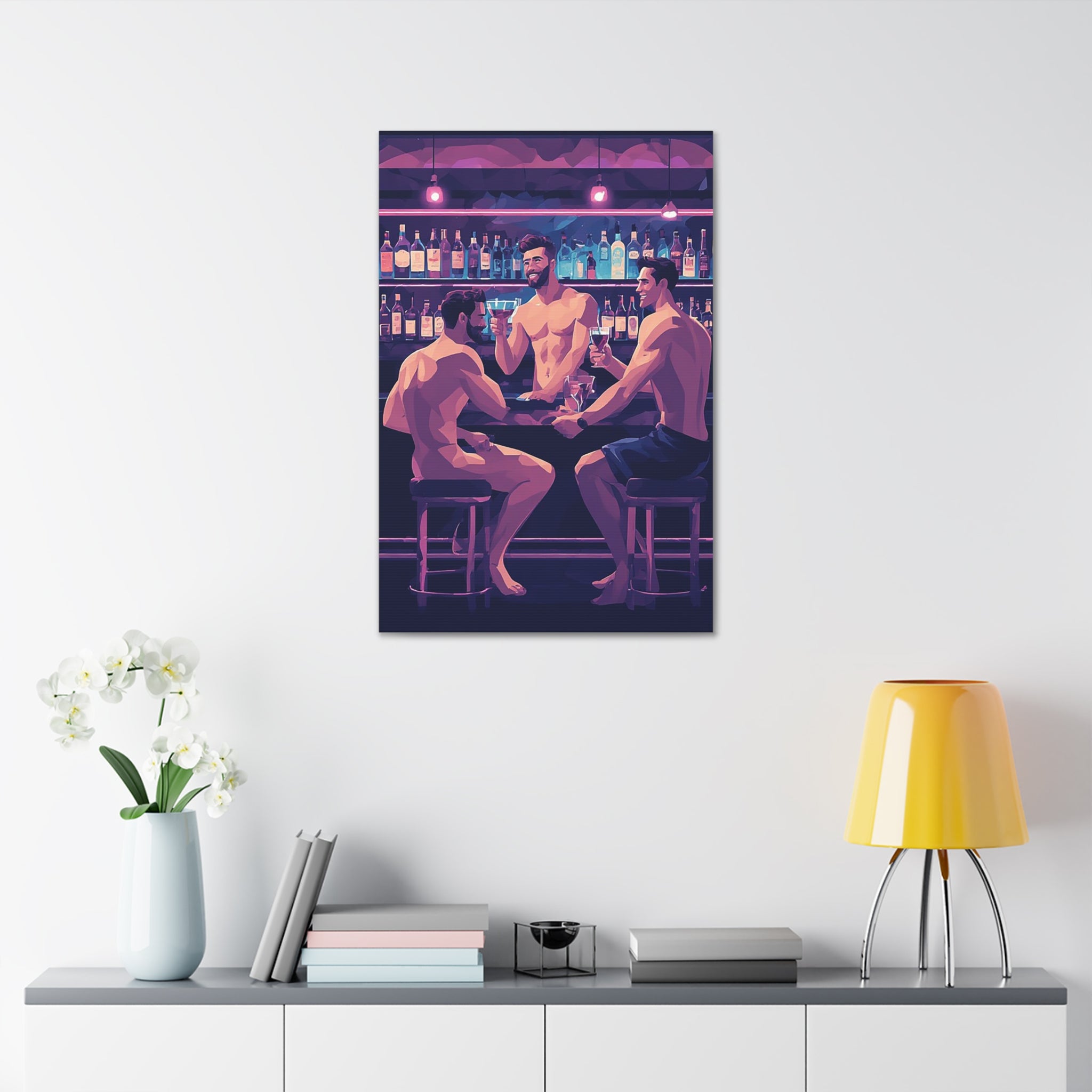 Naked Bartenders Canvas Print – Men at the Bar Stretched Wall Art