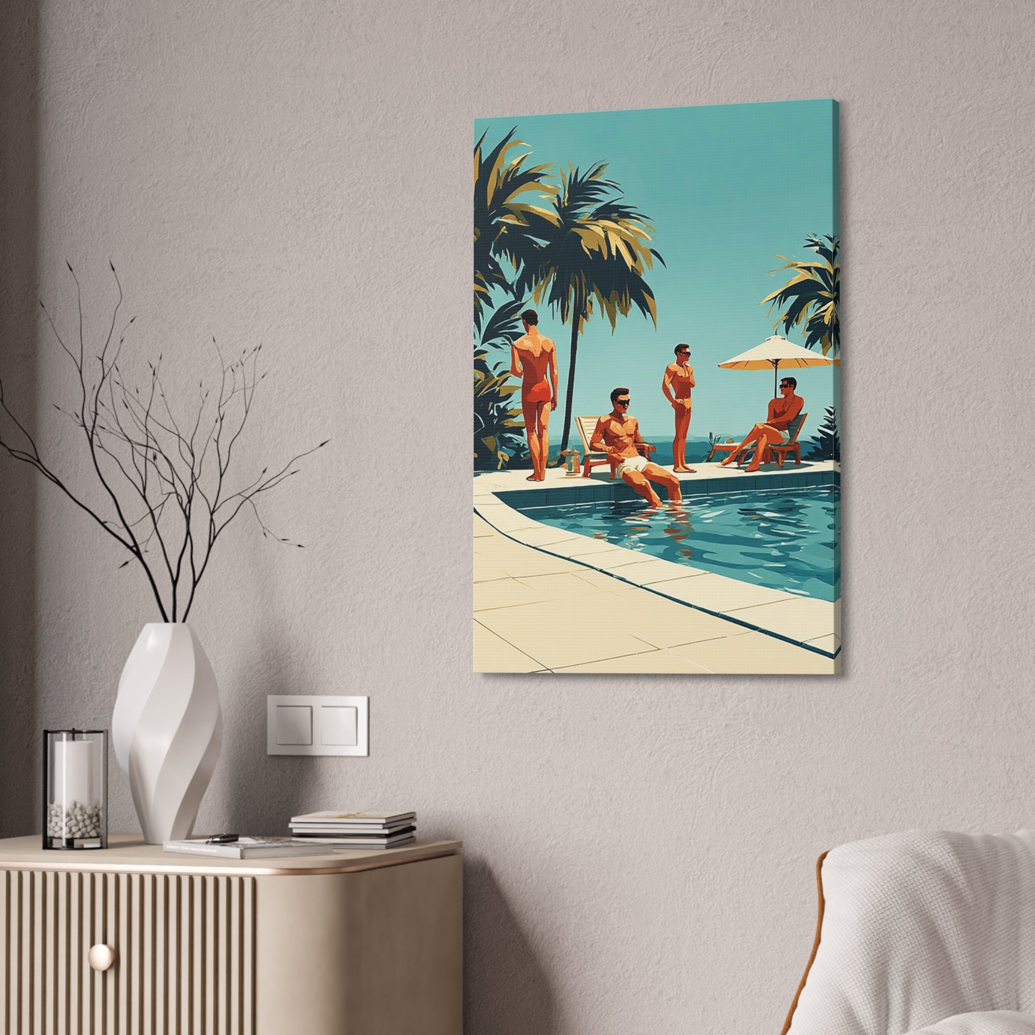 Vintage Poolside Canvas Wall Art — Retro Palm Trees & Sunbathers