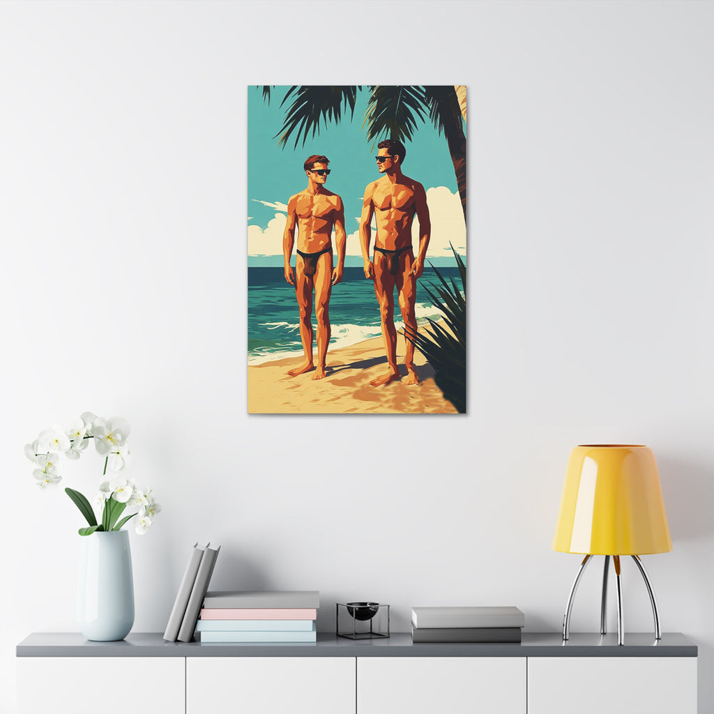 Vintage Beach Print Canvas — Two Men at Sea Stretched Wall Art