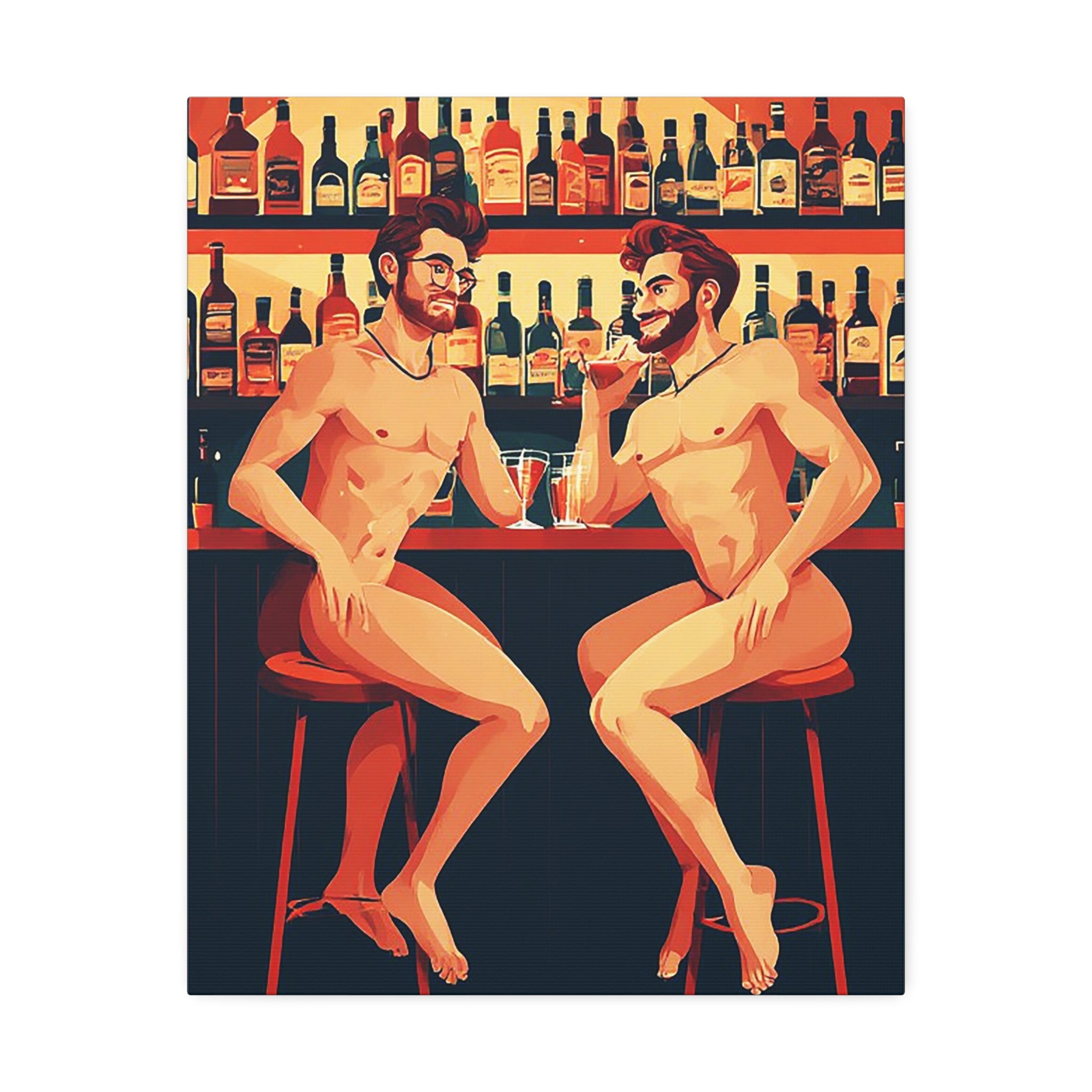 Nude Bar Buddies Canvas Print — Playful Gay Art Stretched Wall Decor