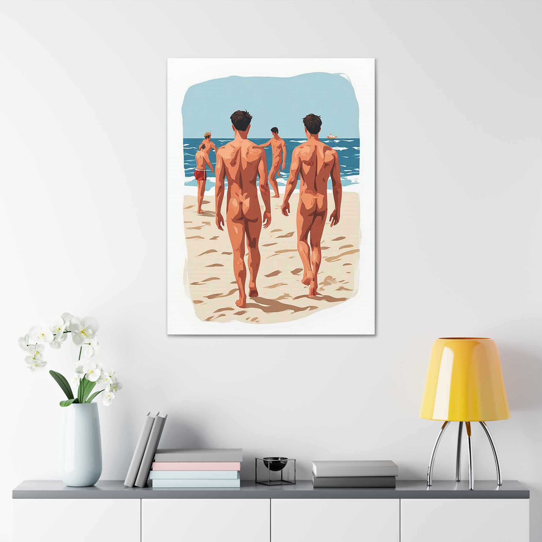 Canvas Wall Art – Beach Scene of Men Walking on Shore (Stretched Canvas)
