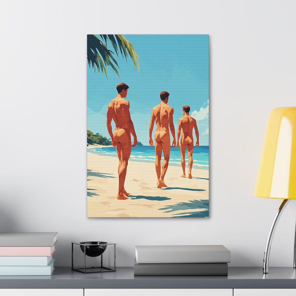 Beach Walk Canvas Print — Retro Sunlit Male Figures Stretched Canvas