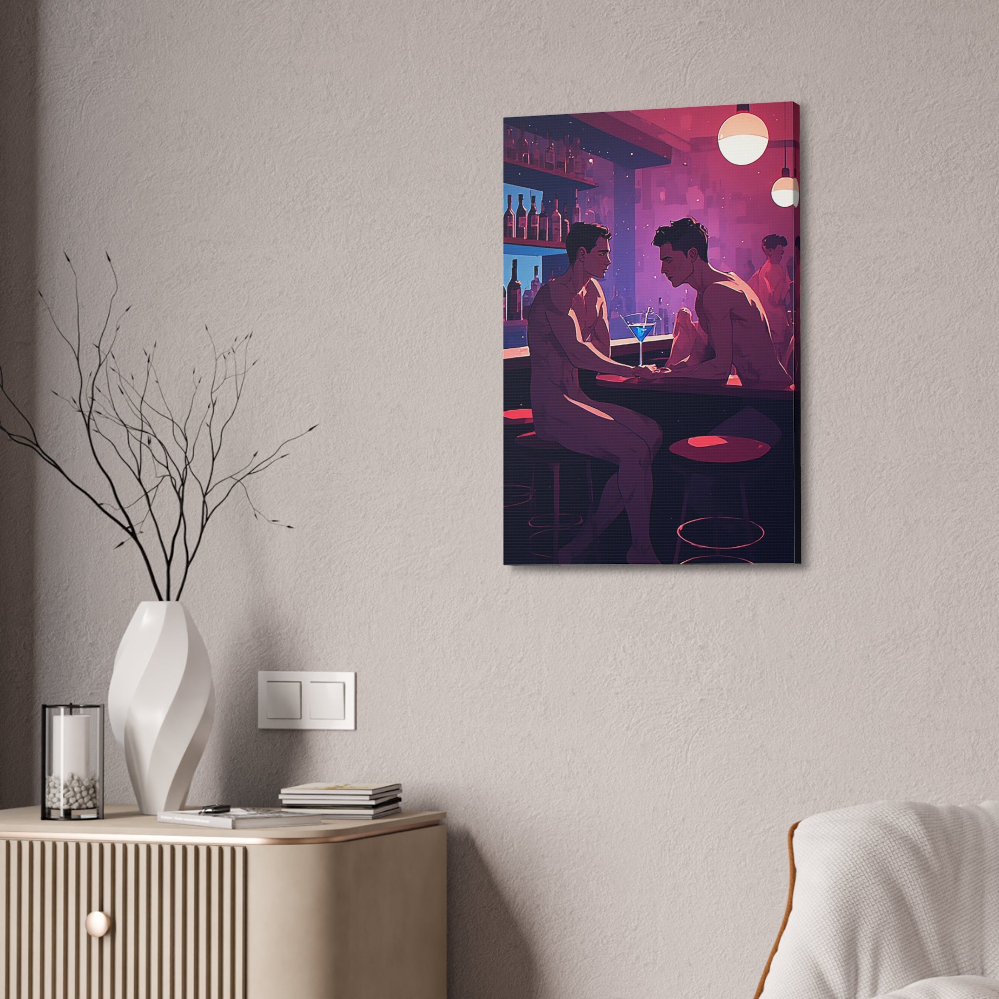 Canvas Print — Neon Bar Night: Intimate Two Men Art Print