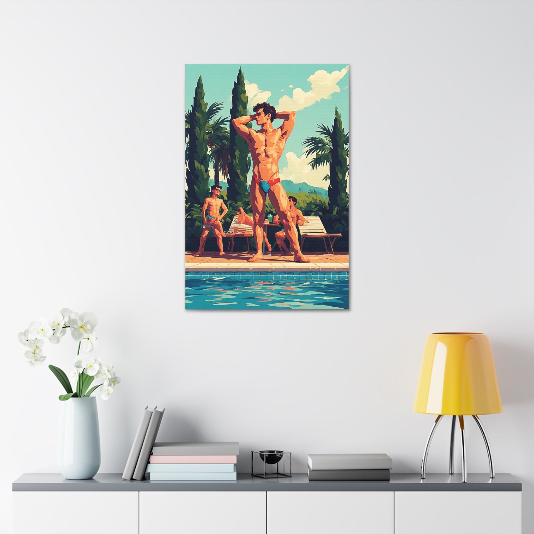 Poolside Men Canvas Print — Retro Tropical Swimsuit Wall Art