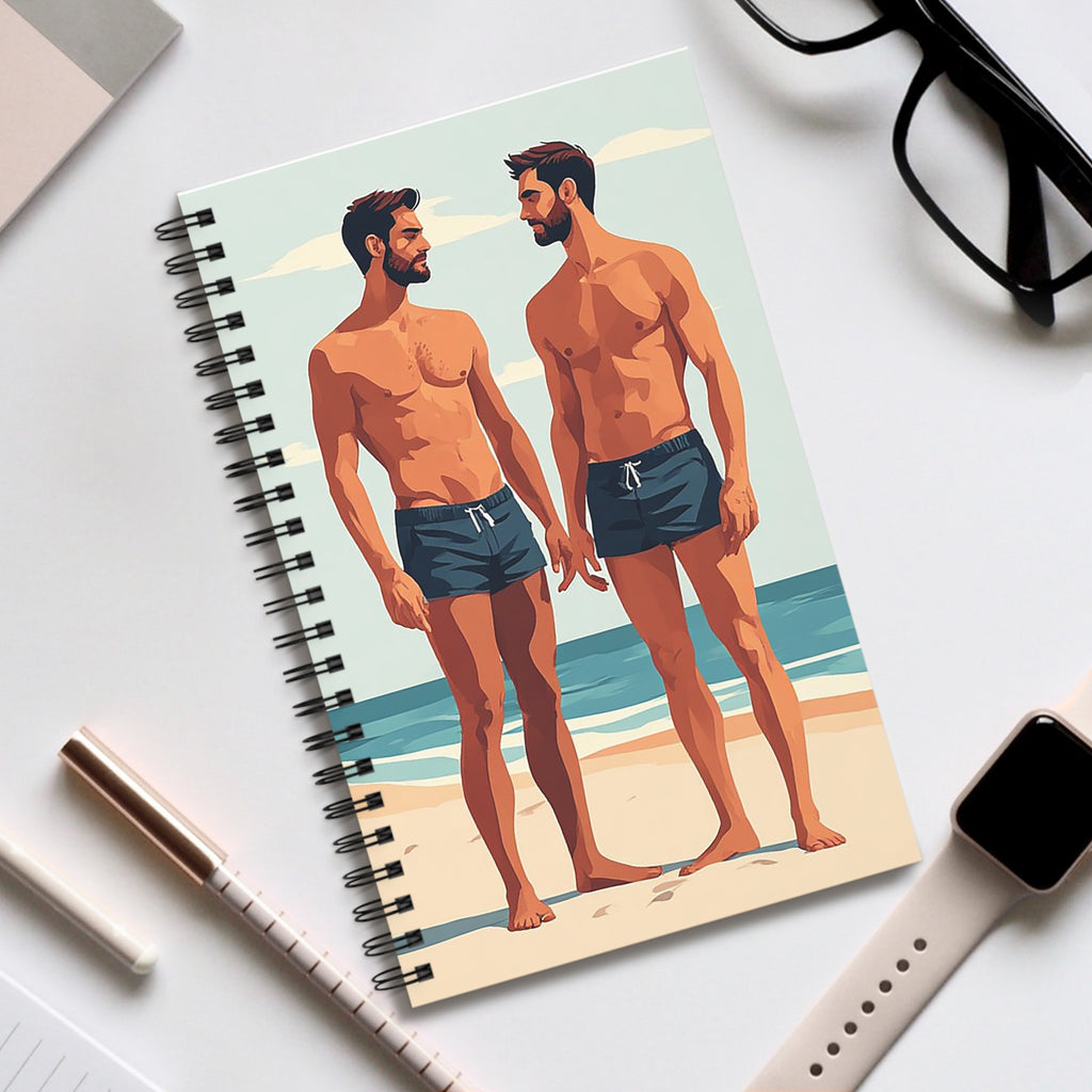 Spiral Journal — Twin Beach Men Illustration | Retro Summer Notebook for Gay Pride & Travel Notes