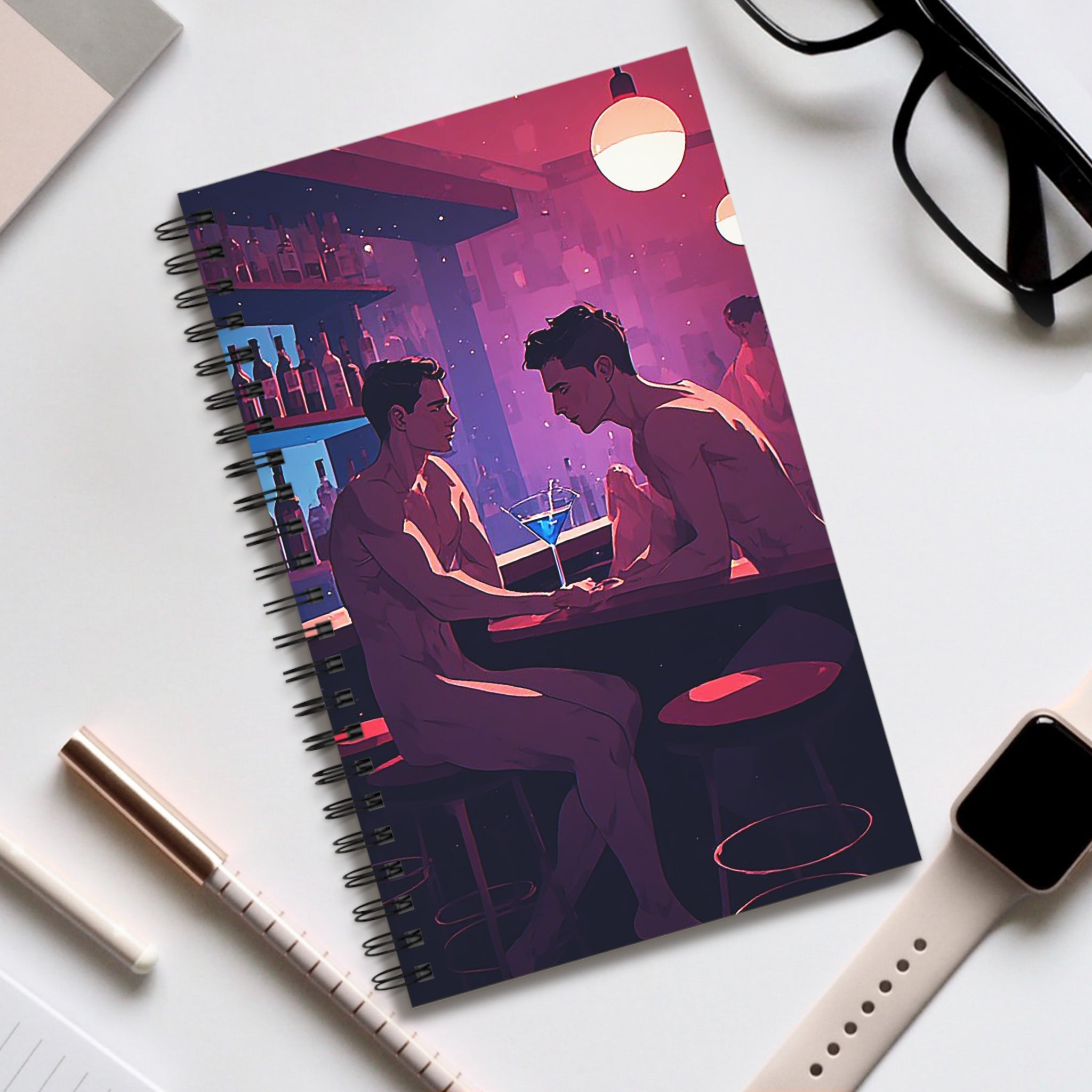 Spiral Journal — Nightclub Bar Art Cover, Intimate Gay Couples Illustration Notebook